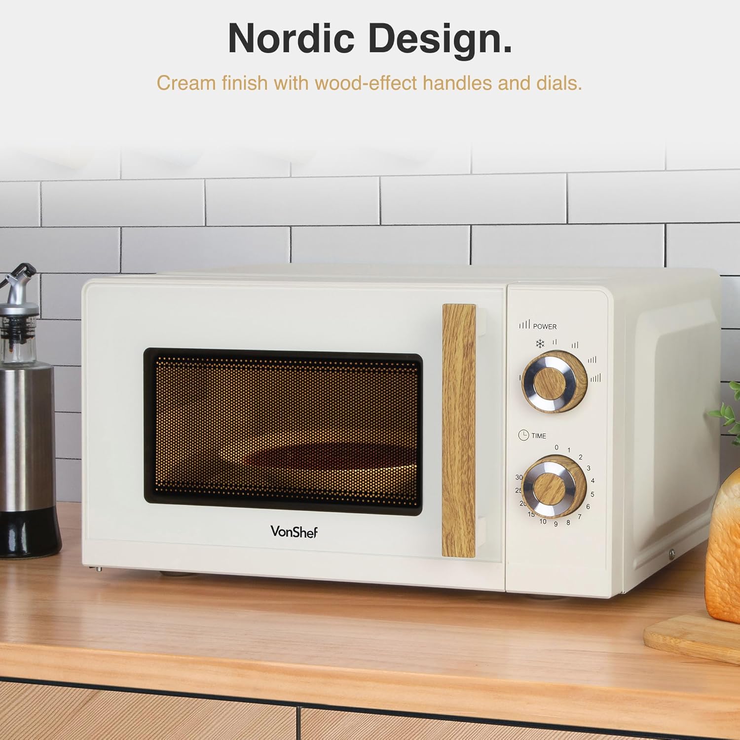 VonShef Microwave 20L 700W - Compact Solo Microwave, 6 Power Levels, Cream & Wood Effect, Nordic Design, Large Capacity, Defrost Function, Turntable System & Rotator Ring, Clock & Timer - Fika Range-1