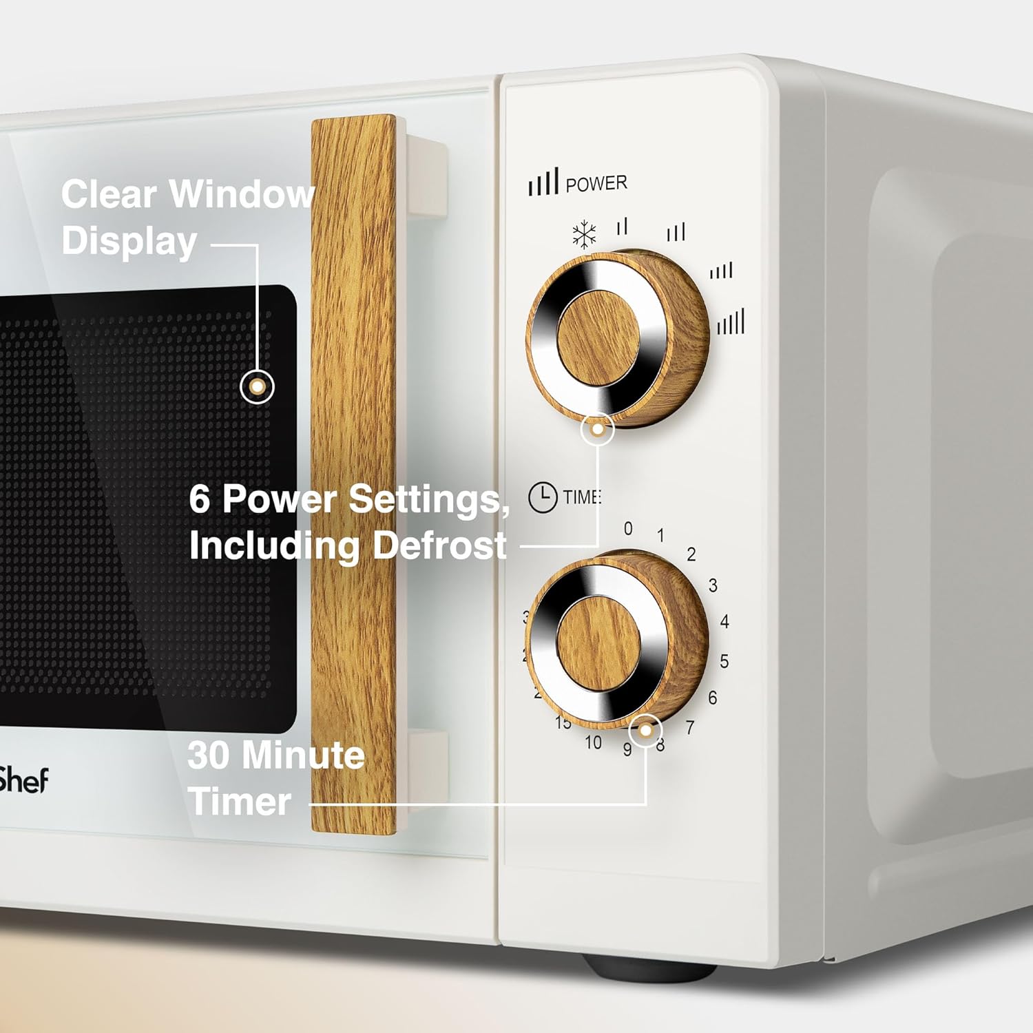 VonShef Microwave 20L 700W - Compact Solo Microwave, 6 Power Levels, Cream & Wood Effect, Nordic Design, Large Capacity, Defrost Function, Turntable System & Rotator Ring, Clock & Timer - Fika Range-4