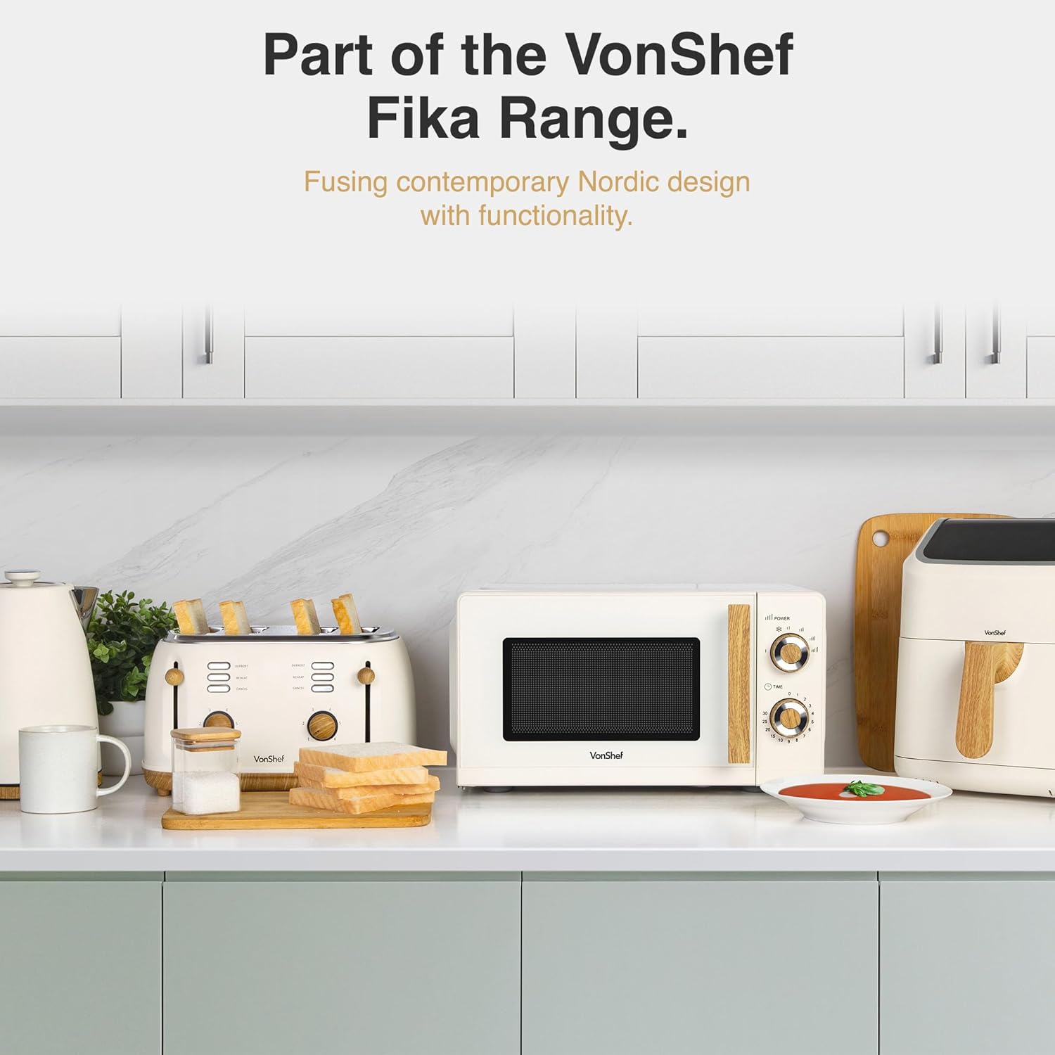 VonShef Microwave 20L 700W - Compact Solo Microwave, 6 Power Levels, Cream & Wood Effect, Nordic Design, Large Capacity, Defrost Function, Turntable System & Rotator Ring, Clock & Timer - Fika Range-5