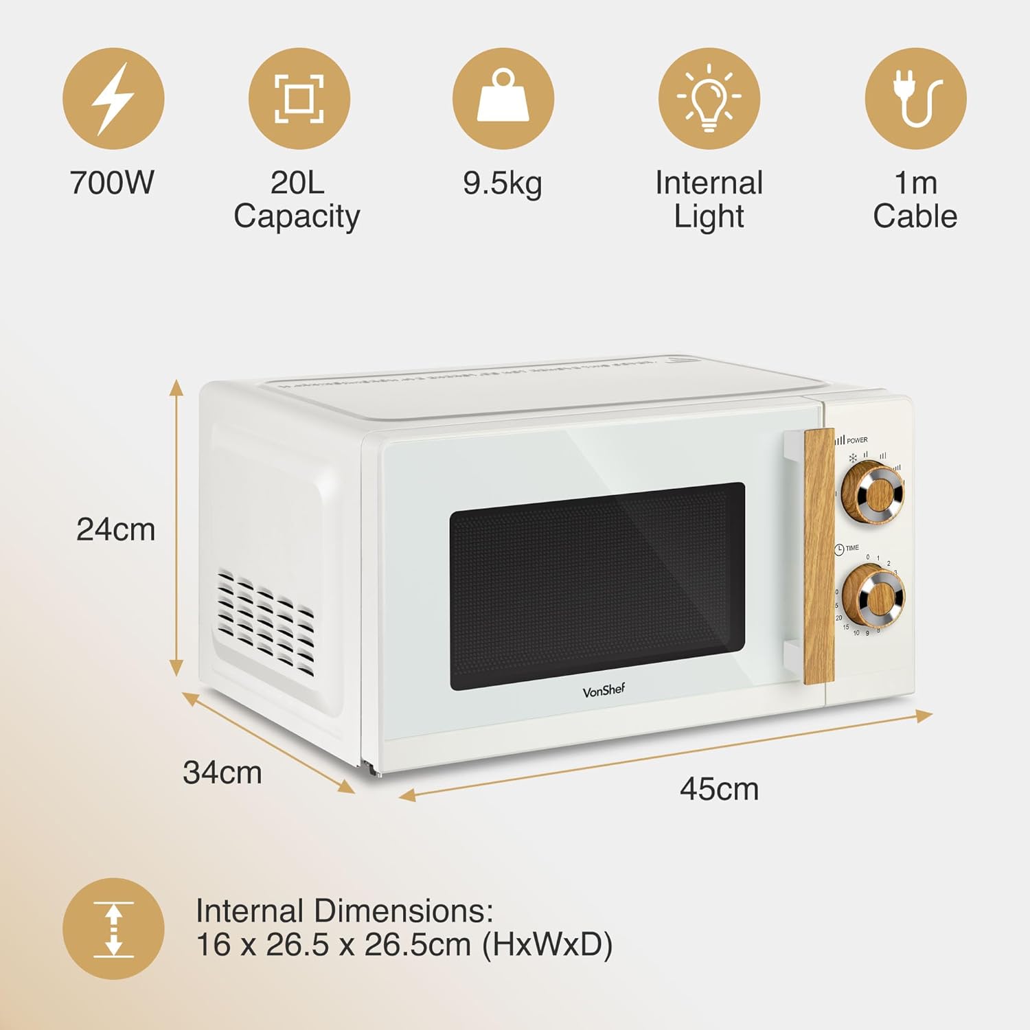 VonShef Microwave 20L 700W - Compact Solo Microwave, 6 Power Levels, Cream & Wood Effect, Nordic Design, Large Capacity, Defrost Function, Turntable System & Rotator Ring, Clock & Timer - Fika Range-6