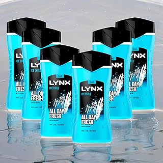 6 Pack of 225ml Lynx 3-in-1 Ice Chill All Day Fresh with Icy Menthol Body wash Wash, 225ml with Plant-based Moisturisers Dermatologically Tested, Keep Smelling Irresistible!