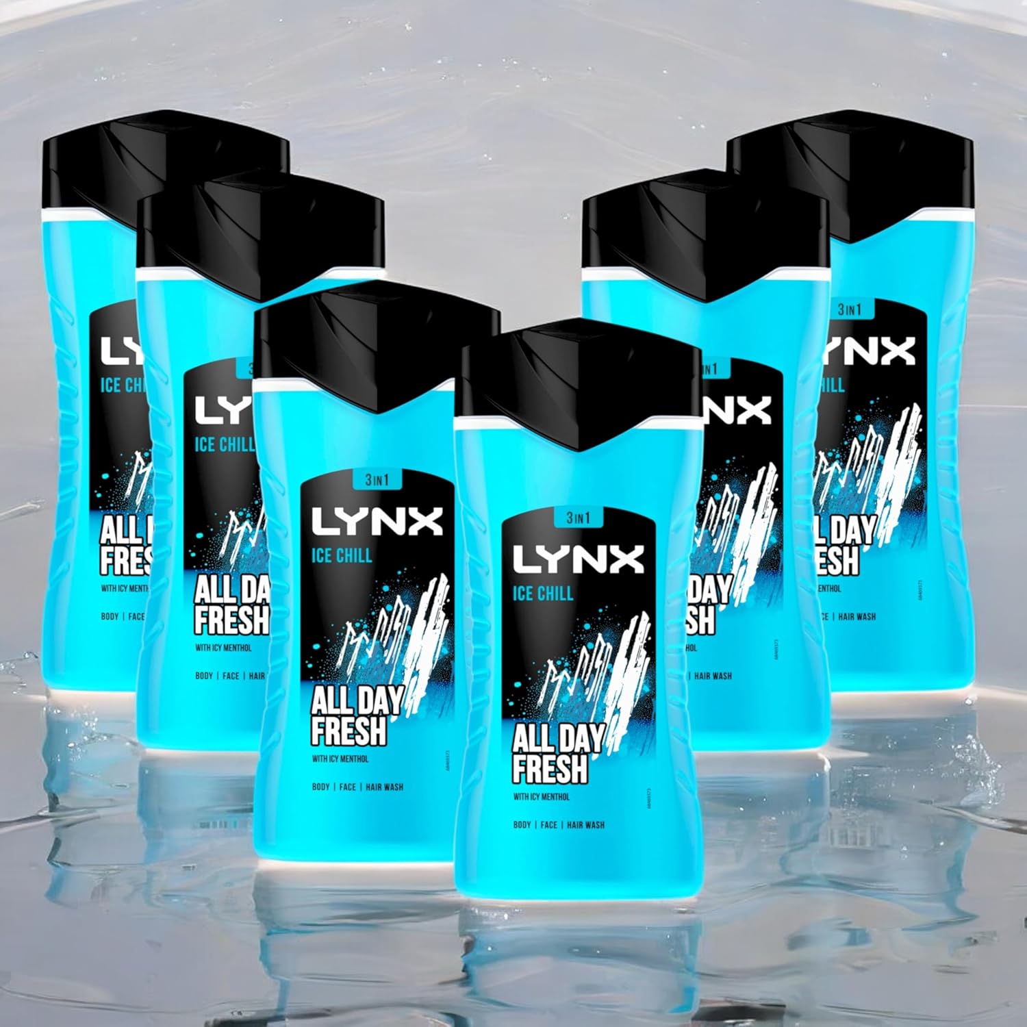 6 Pack of 225ml Lynx 3-in-1 Ice Chill All Day Fresh with Icy Menthol Body wash Wash, 225ml with Plant-based Moisturisers Dermatologically Tested, Keep Smelling Irresistible!-0