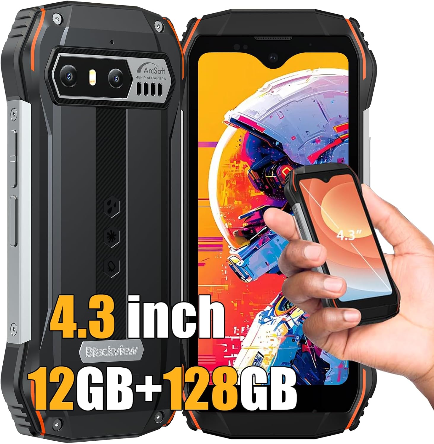 Blackview N6000SE Mini Rugged Smartphone 2024, 4.3-inch Small Rugged Phone,128GB ROM, Android 13, Dual SIM 4G, 208g Weight, 13MP, IP68 Waterproof Phones, 10W Fast Charge 3700mAh, NFC-Orange-0