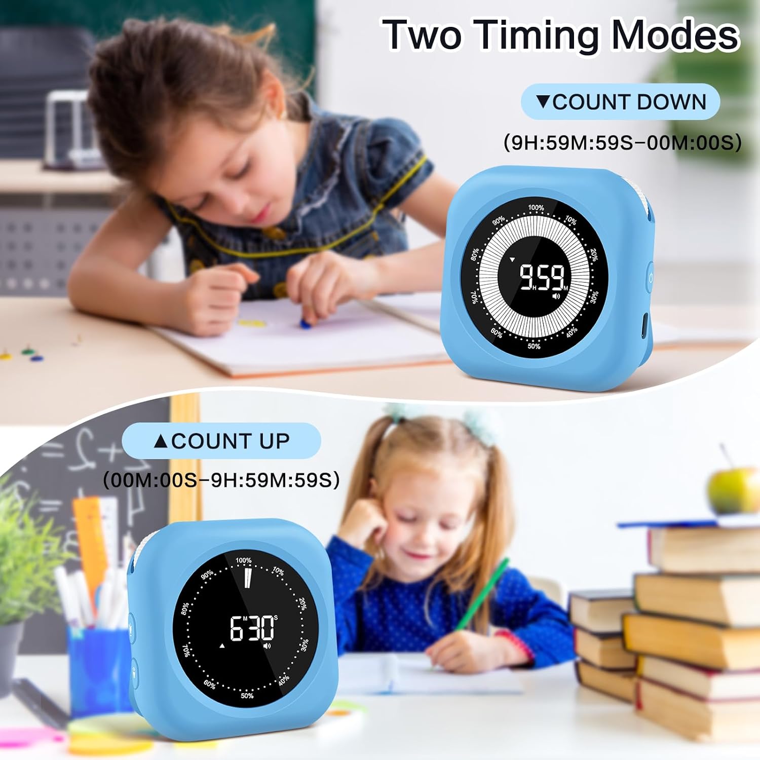 XREXS Visual Timer for Kids, 10 Hour Rechargeable Kitchen Timer, Digital Timer with Visual Time Bars, Adjustable Brightness & Volume, Magnetic Timer for Class/Meeting/Study/Office/Kitchen-2