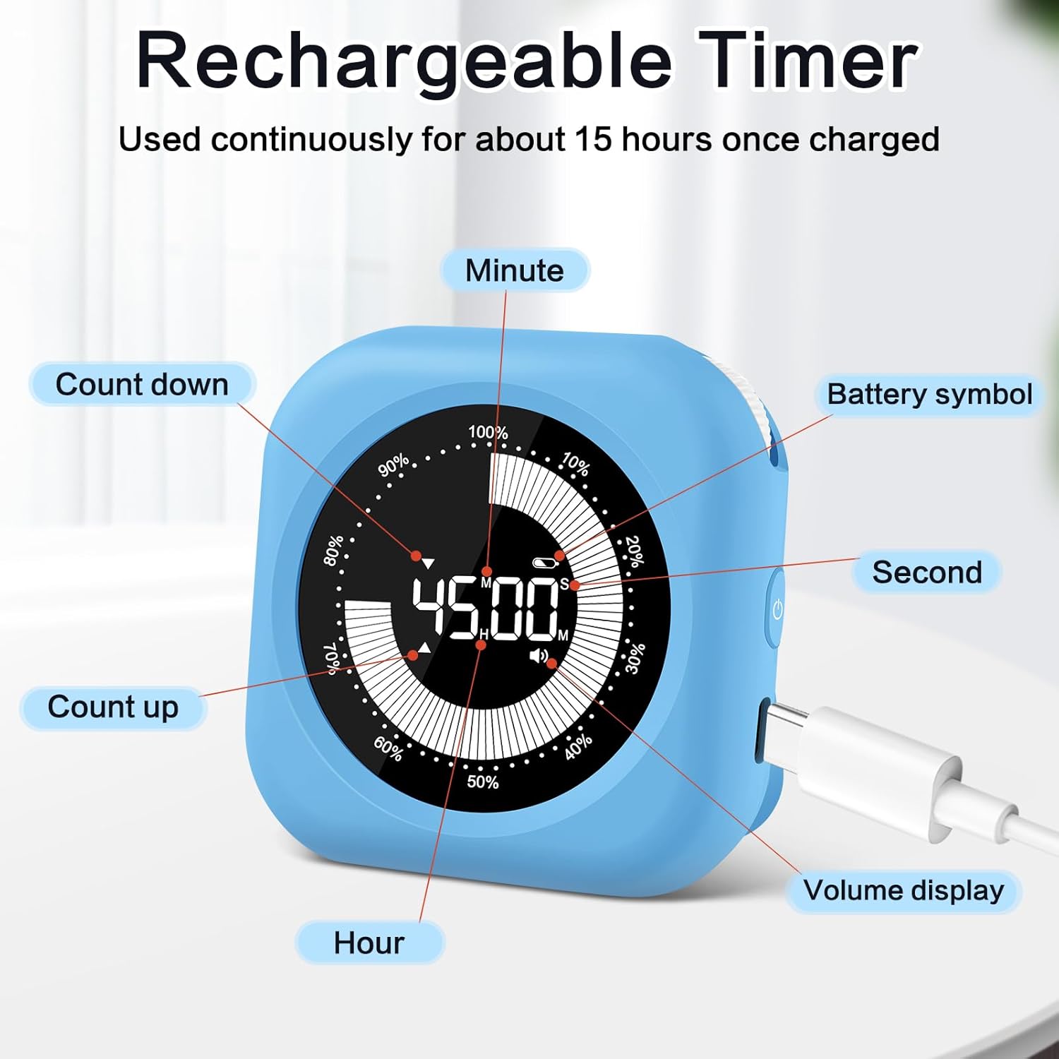 XREXS Visual Timer for Kids, 10 Hour Rechargeable Kitchen Timer, Digital Timer with Visual Time Bars, Adjustable Brightness & Volume, Magnetic Timer for Class/Meeting/Study/Office/Kitchen-5