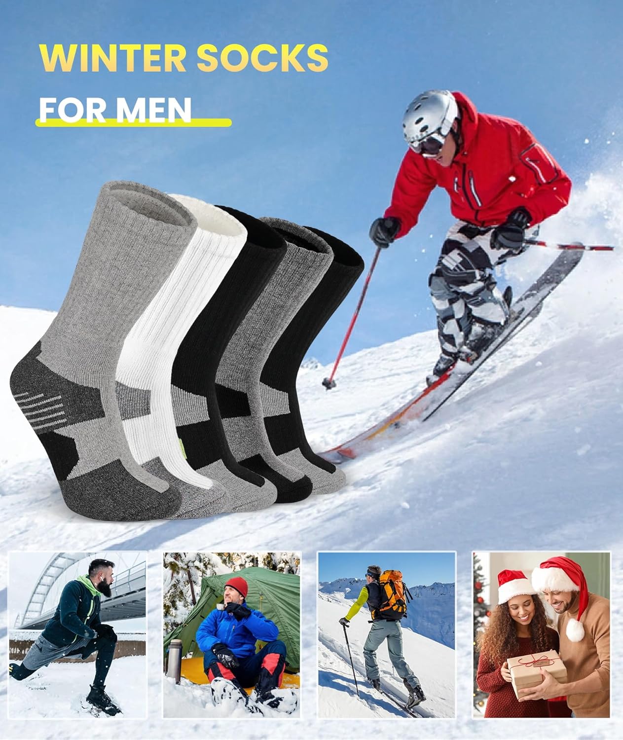 SIMIYA 5 Pairs Merino Wool Socks for Men - Cosy Warm Thermal Socks Thick Cushion Winter Socks, Crew Sports Sock for Outdoor Work Walking Hiking Running Skiing-5