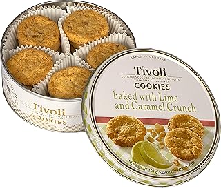 Jacobsens of Denmark Tivoli Cookies baked with Lime and Caramel Crunch 150g - SMALL Tin (139mm diameter x 55mm height) - Traditional Biscuit Tin Gift for Women, Men & Kids