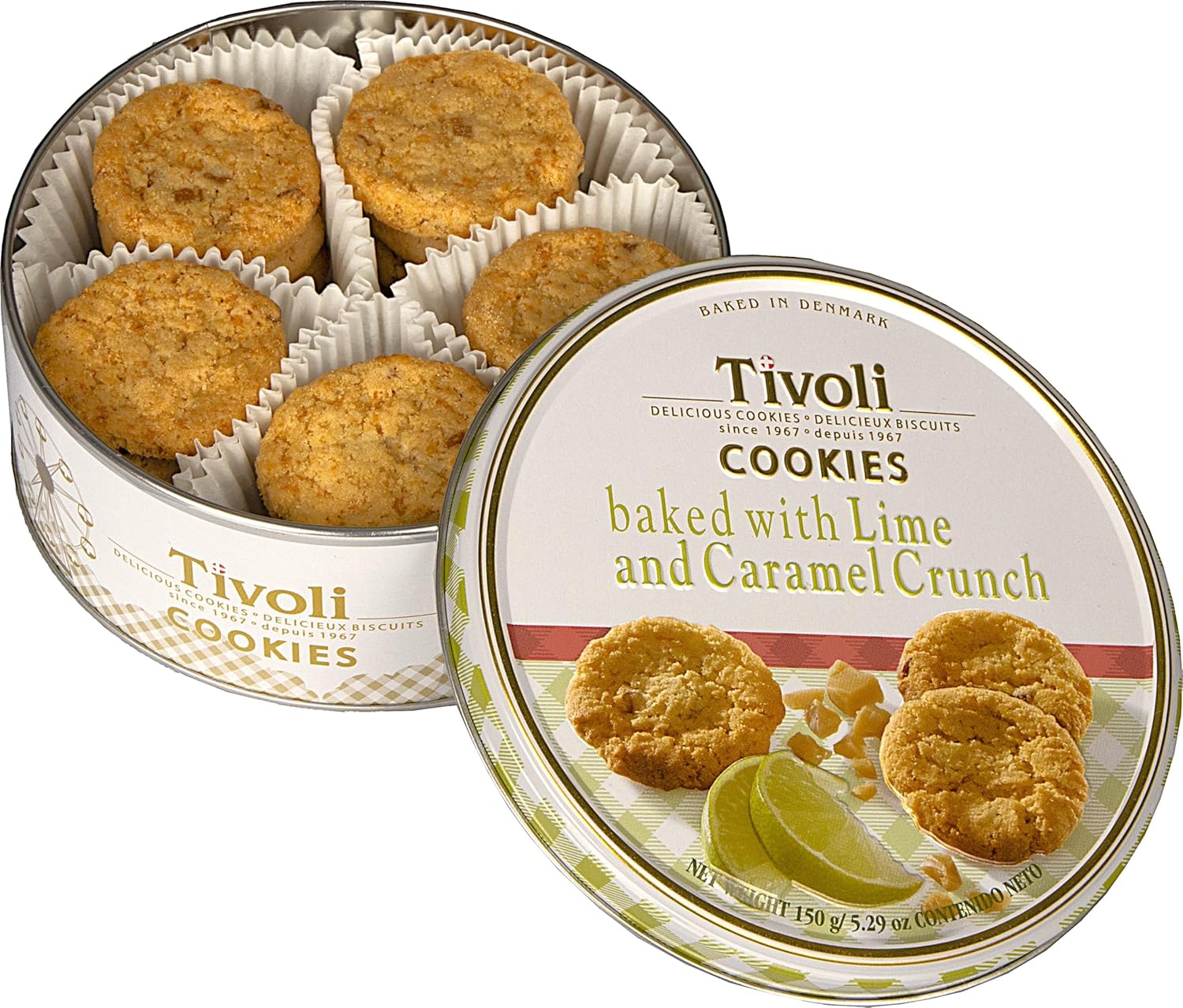 Jacobsens of Denmark Tivoli Cookies baked with Lime and Caramel Crunch 150g - SMALL Tin (139mm diameter x 55mm height) - Traditional Biscuit Tin Gift for Women, Men & Kids-0