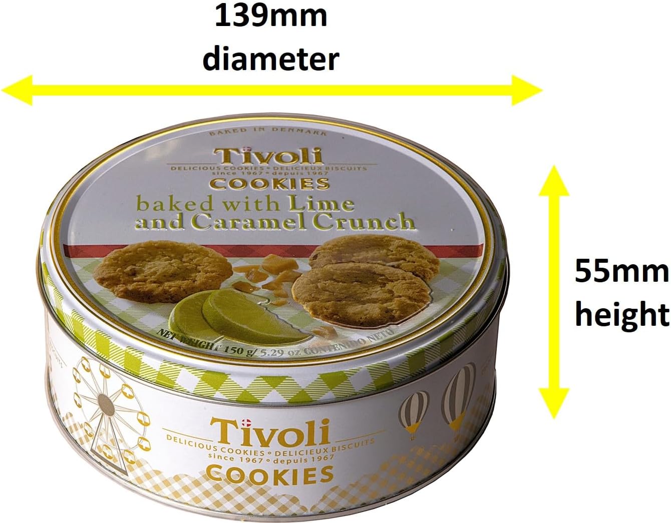 Jacobsens of Denmark Tivoli Cookies baked with Lime and Caramel Crunch 150g - SMALL Tin (139mm diameter x 55mm height) - Traditional Biscuit Tin Gift for Women, Men & Kids-1