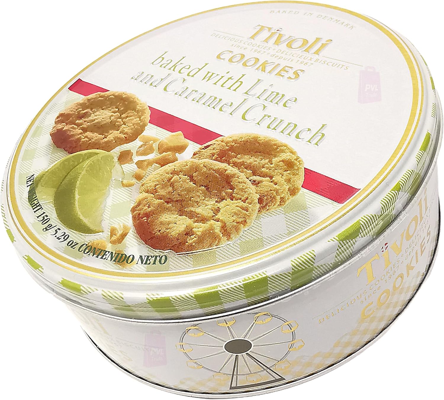 Jacobsens of Denmark Tivoli Cookies baked with Lime and Caramel Crunch 150g - SMALL Tin (139mm diameter x 55mm height) - Traditional Biscuit Tin Gift for Women, Men & Kids-6