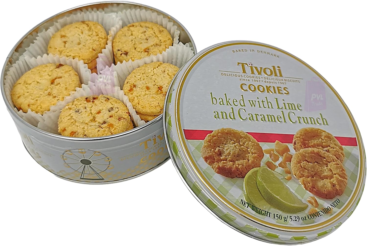 Jacobsens of Denmark Tivoli Cookies baked with Lime and Caramel Crunch 150g - SMALL Tin (139mm diameter x 55mm height) - Traditional Biscuit Tin Gift for Women, Men & Kids-8