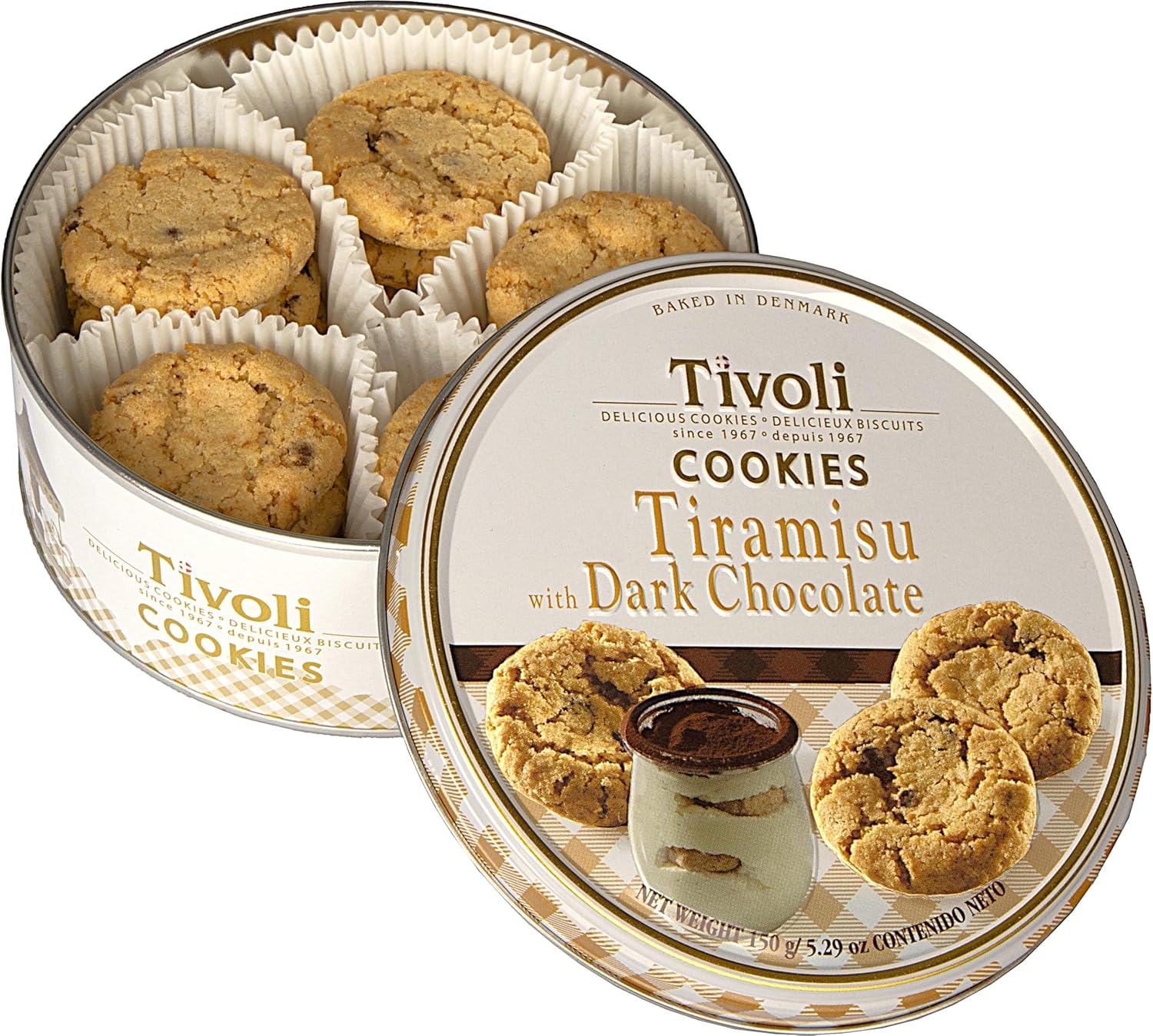 Jacobsens of Denmark Tivoli Tiramisu Dark Chocolate Cookies 150g - SMALL Tin (139mm diameter x 55mm height) - Traditional Biscuit Tin Gift for Women, Men & Kids-0