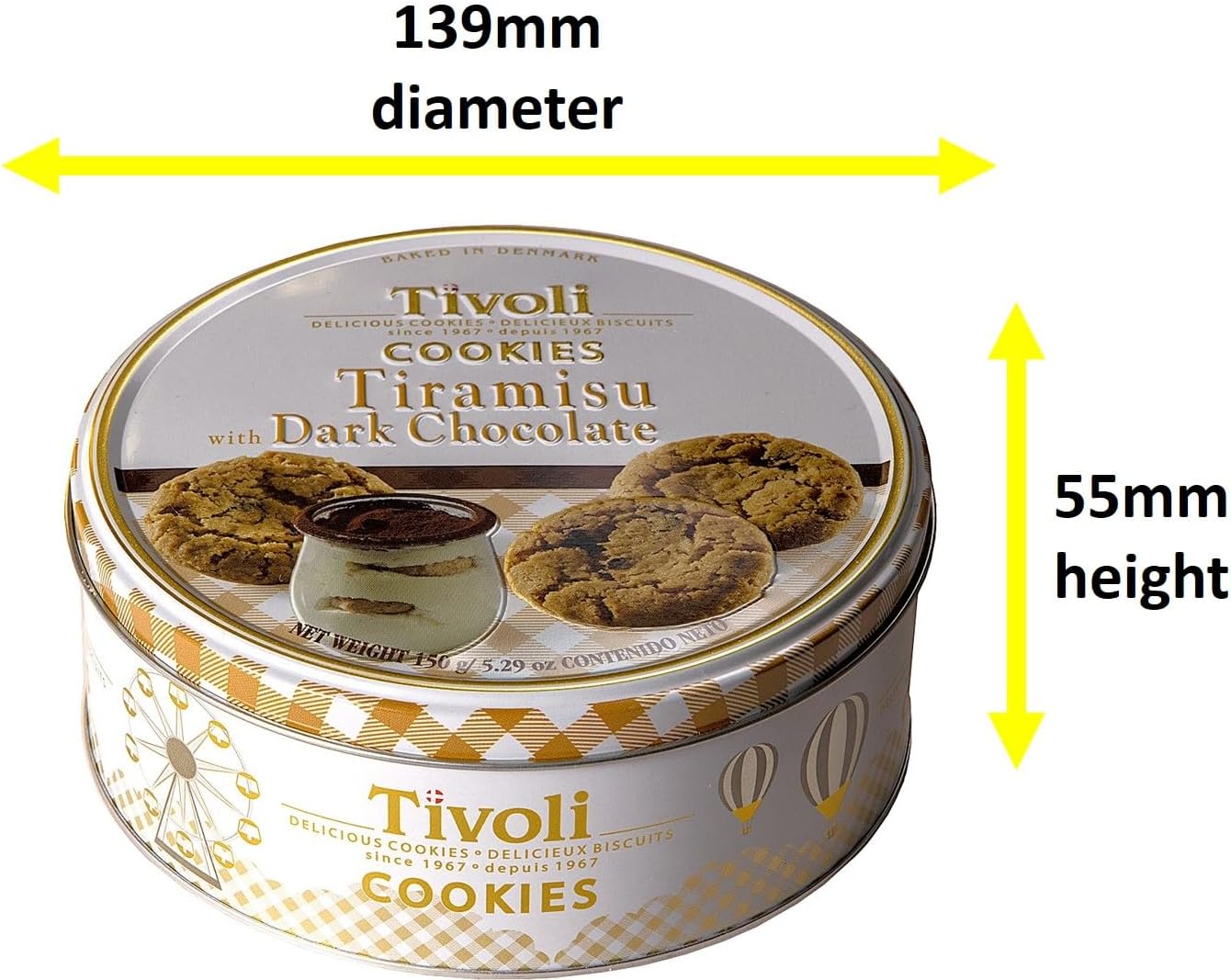 Jacobsens of Denmark Tivoli Tiramisu Dark Chocolate Cookies 150g - SMALL Tin (139mm diameter x 55mm height) - Traditional Biscuit Tin Gift for Women, Men & Kids-1