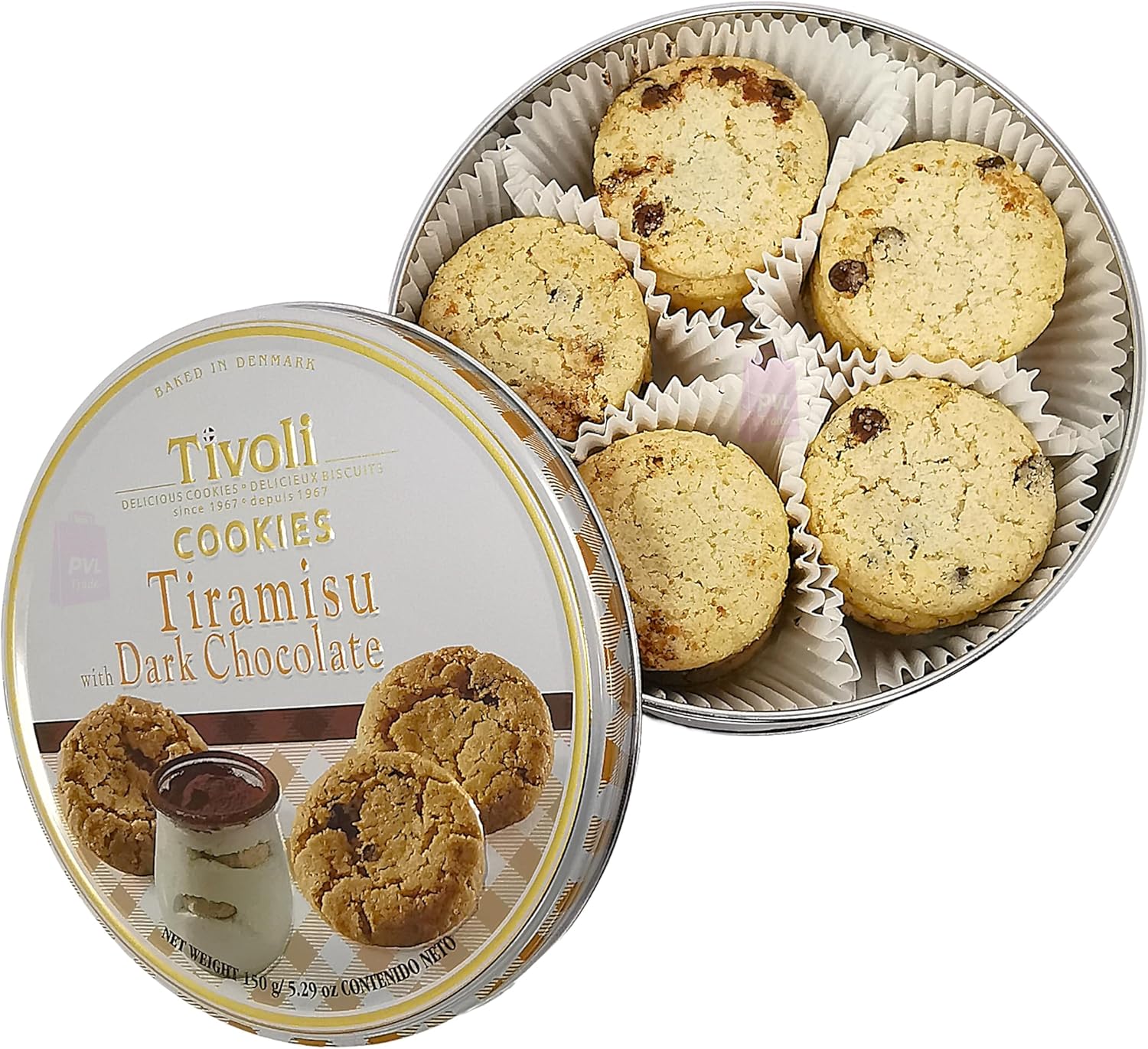 Jacobsens of Denmark Tivoli Tiramisu Dark Chocolate Cookies 150g - SMALL Tin (139mm diameter x 55mm height) - Traditional Biscuit Tin Gift for Women, Men & Kids-3