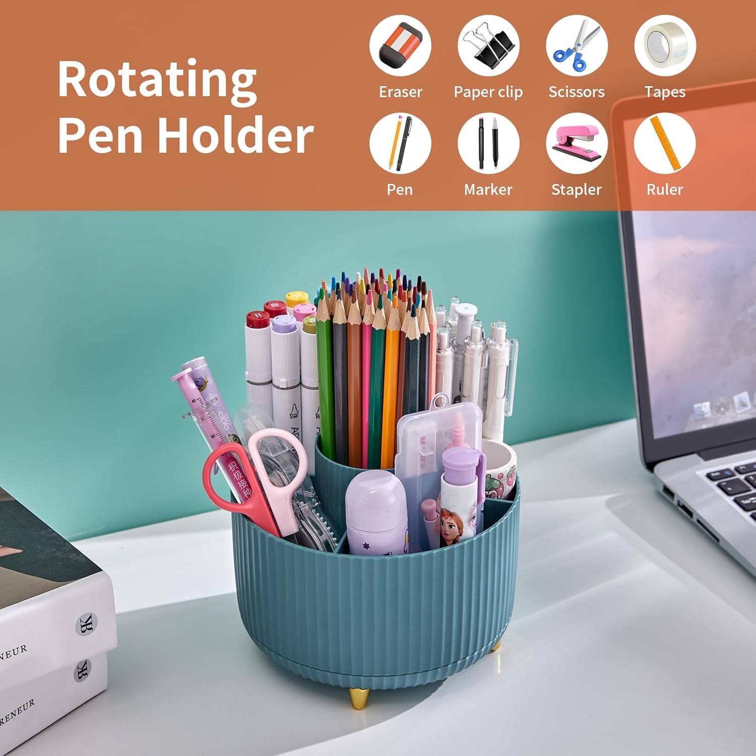 Marbrasse Desk Organiser,360-Degree Rotating Pen Holder for Desk,Desk Organisers and Accessories with 5 Compartments Pencil Organiser, Organisers Storage Box Caddy for Office,Home(Dark Green)-2