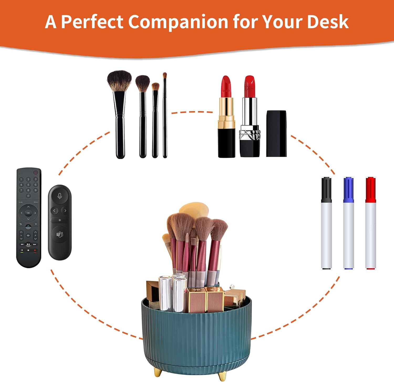 Marbrasse Desk Organiser,360-Degree Rotating Pen Holder for Desk,Desk Organisers and Accessories with 5 Compartments Pencil Organiser, Organisers Storage Box Caddy for Office,Home(Dark Green)-4