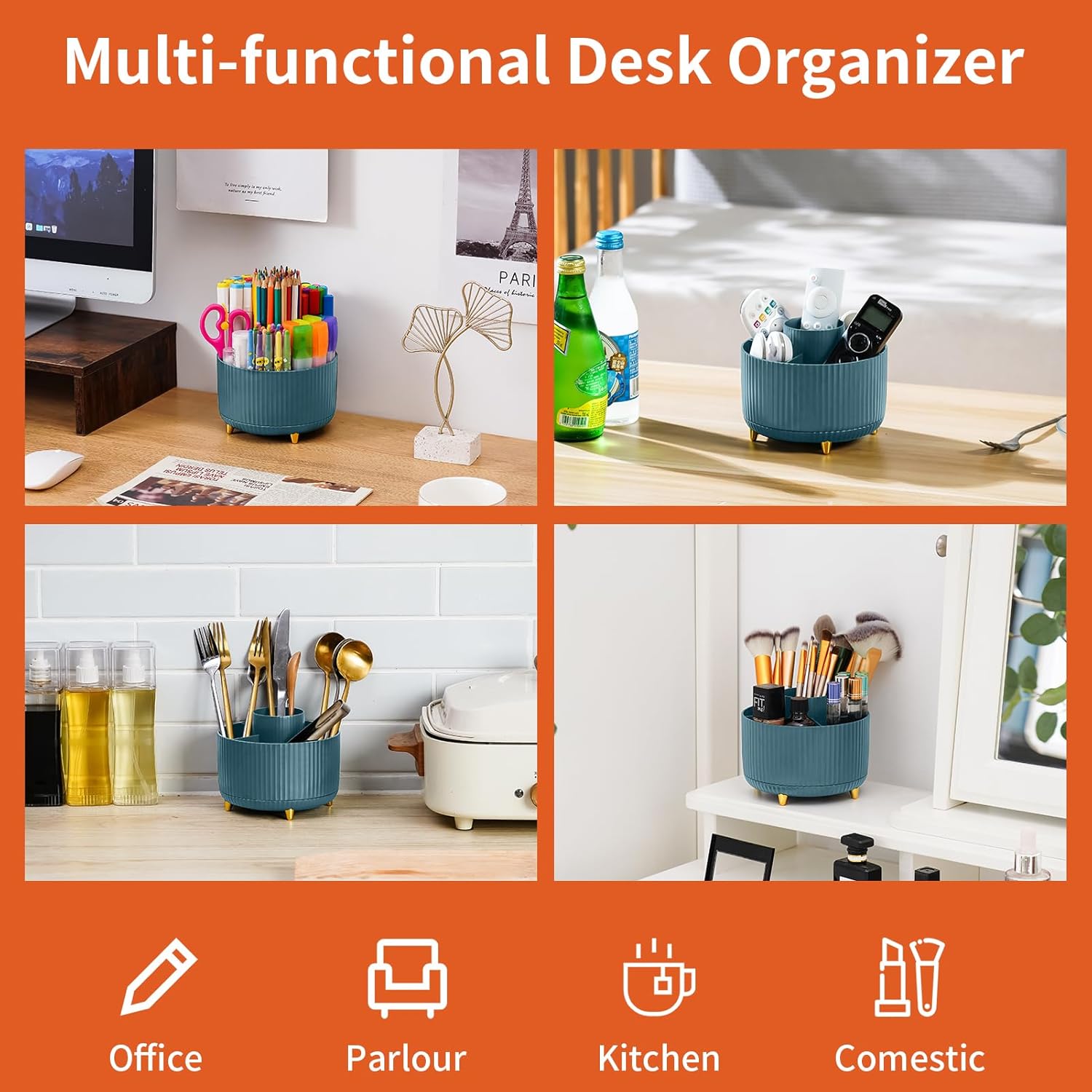 Marbrasse Desk Organiser,360-Degree Rotating Pen Holder for Desk,Desk Organisers and Accessories with 5 Compartments Pencil Organiser, Organisers Storage Box Caddy for Office,Home(Dark Green)-5