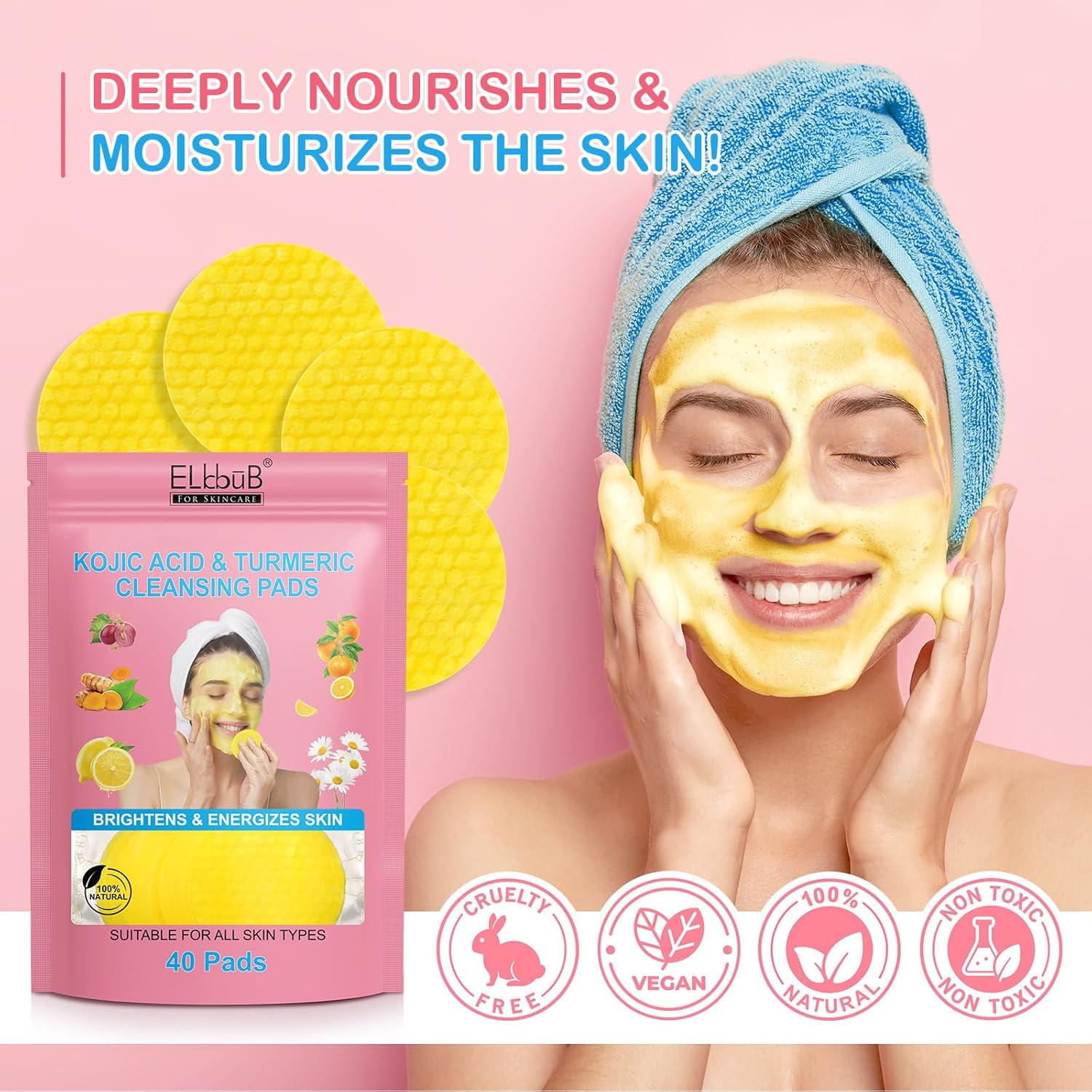 Turmeric Kojic Acid Cleansing Pads - Brightening & Energizing Skin | Deep Clean Pores, Remove Excess Keratin, Firming Face, Treat Acne Scars & Dark Spots | Suitable for All Skin Types-1