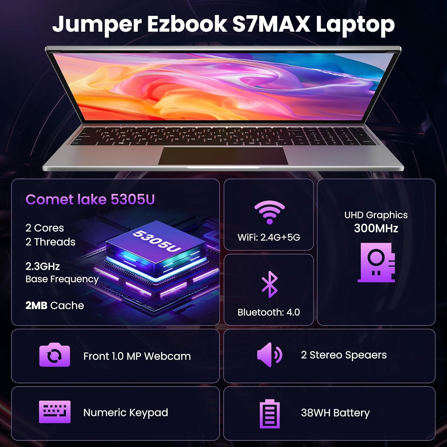 jumper Laptop, 16 inch Full HD Display, 1920x1200 Pixel IPS screen, 5305U Processor, 4GB RAM 128GB SSD, 38Wh Battery, USB3.0, Office 365 1-Year Subscription, Keyboard Film UK-3