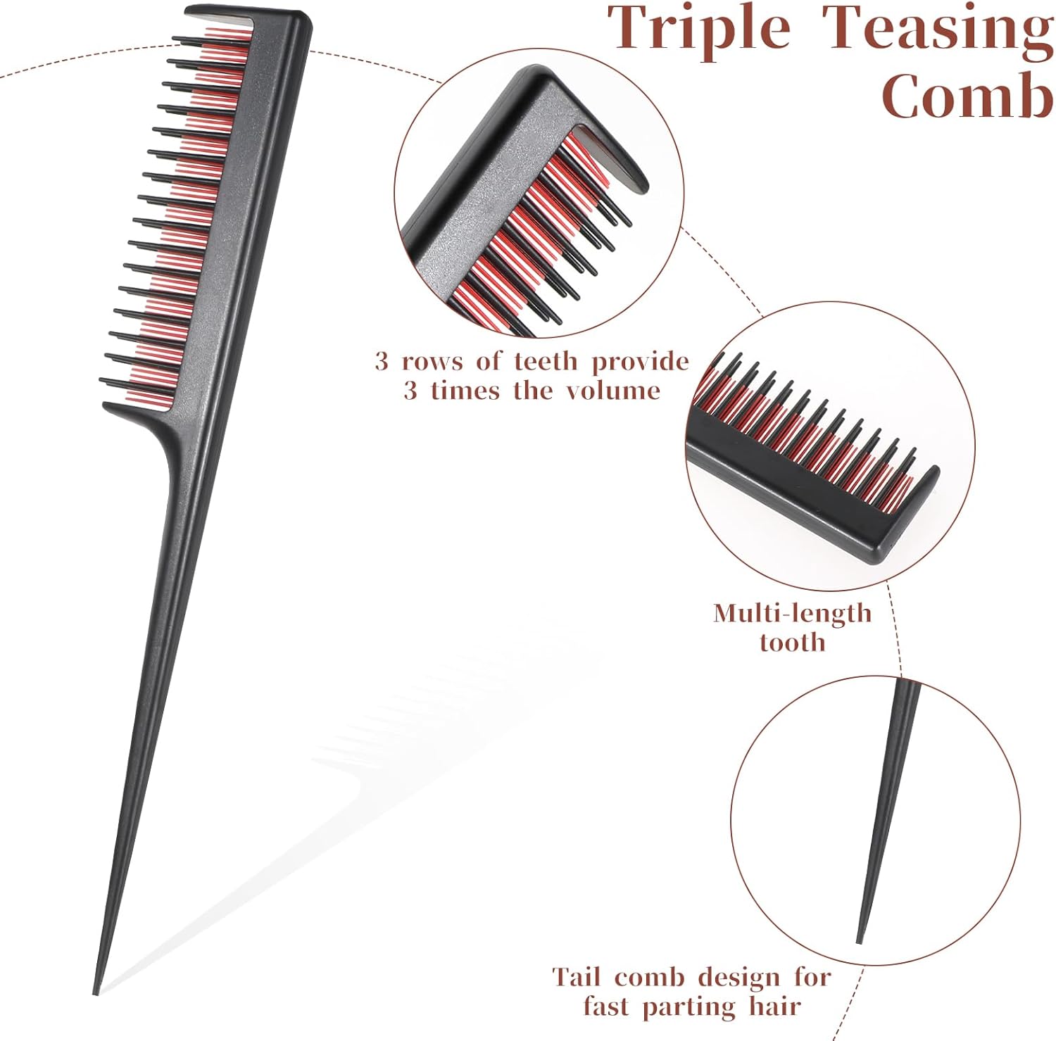 3 Pieces Teasing Comb for Women Men, Triple Hair Teasing Brush Rat Tail Combs and Boar Bristle Brushes Comb Hair Slicking Brush Ratting Hair Brush for Curly Thick Wet Hair Stylist Backcombing Slicking-2