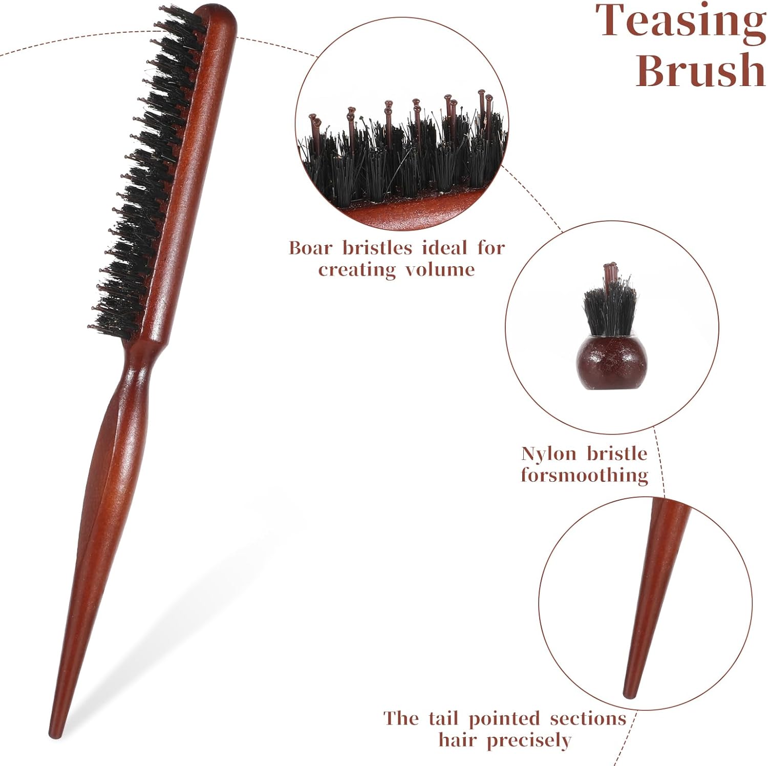 3 Pieces Teasing Comb for Women Men, Triple Hair Teasing Brush Rat Tail Combs and Boar Bristle Brushes Comb Hair Slicking Brush Ratting Hair Brush for Curly Thick Wet Hair Stylist Backcombing Slicking-3