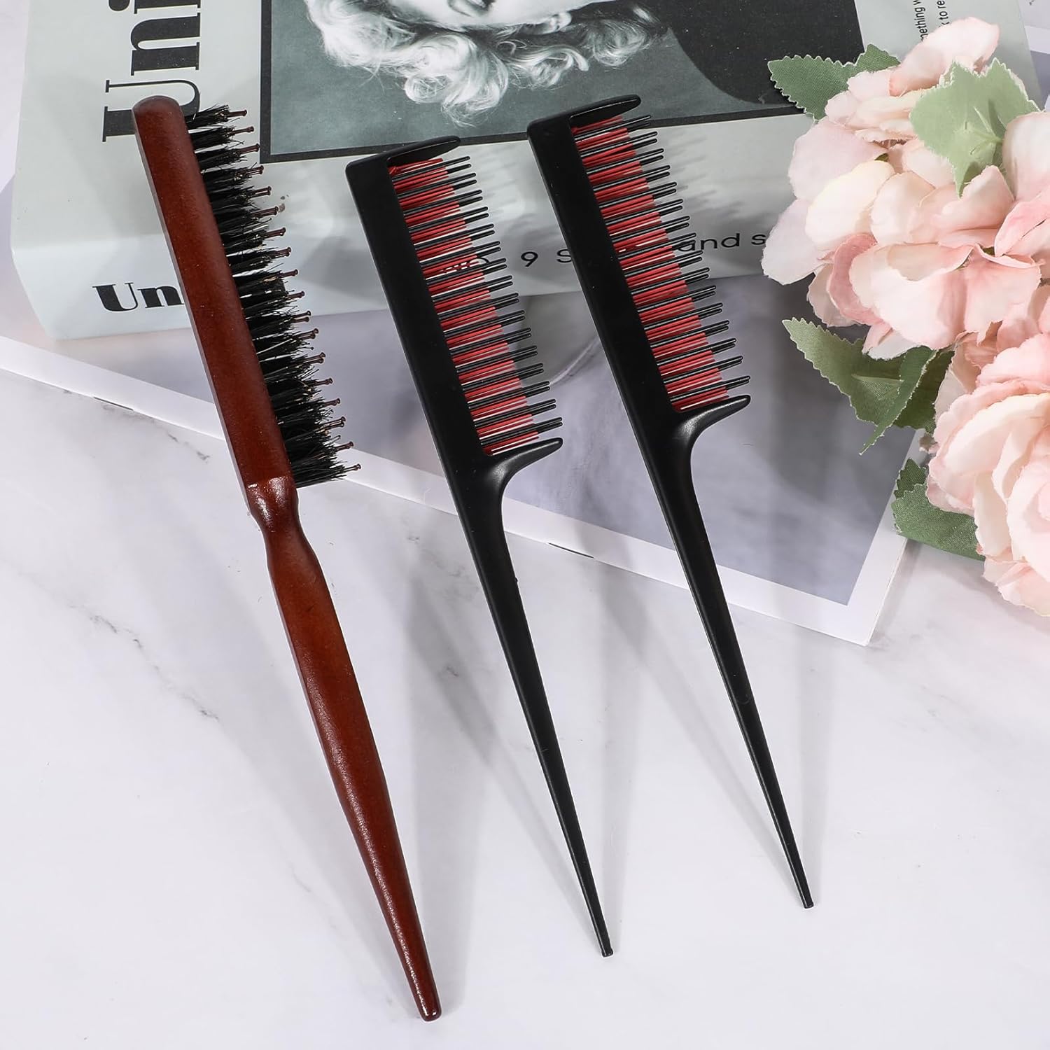 3 Pieces Teasing Comb for Women Men, Triple Hair Teasing Brush Rat Tail Combs and Boar Bristle Brushes Comb Hair Slicking Brush Ratting Hair Brush for Curly Thick Wet Hair Stylist Backcombing Slicking-6