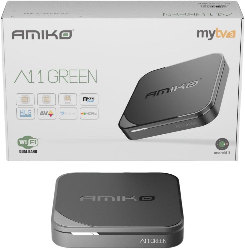 Amiko A11 Green 4K UHD ANDROID Mytv3 Quad Core WiFi HDR10 UK PLUG TV BOX AMIKO 2GB RAM,16GB MMC-1