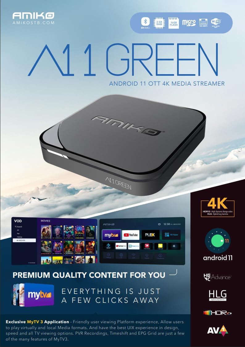 Amiko A11 Green 4K UHD ANDROID Mytv3 Quad Core WiFi HDR10 UK PLUG TV BOX AMIKO 2GB RAM,16GB MMC-6