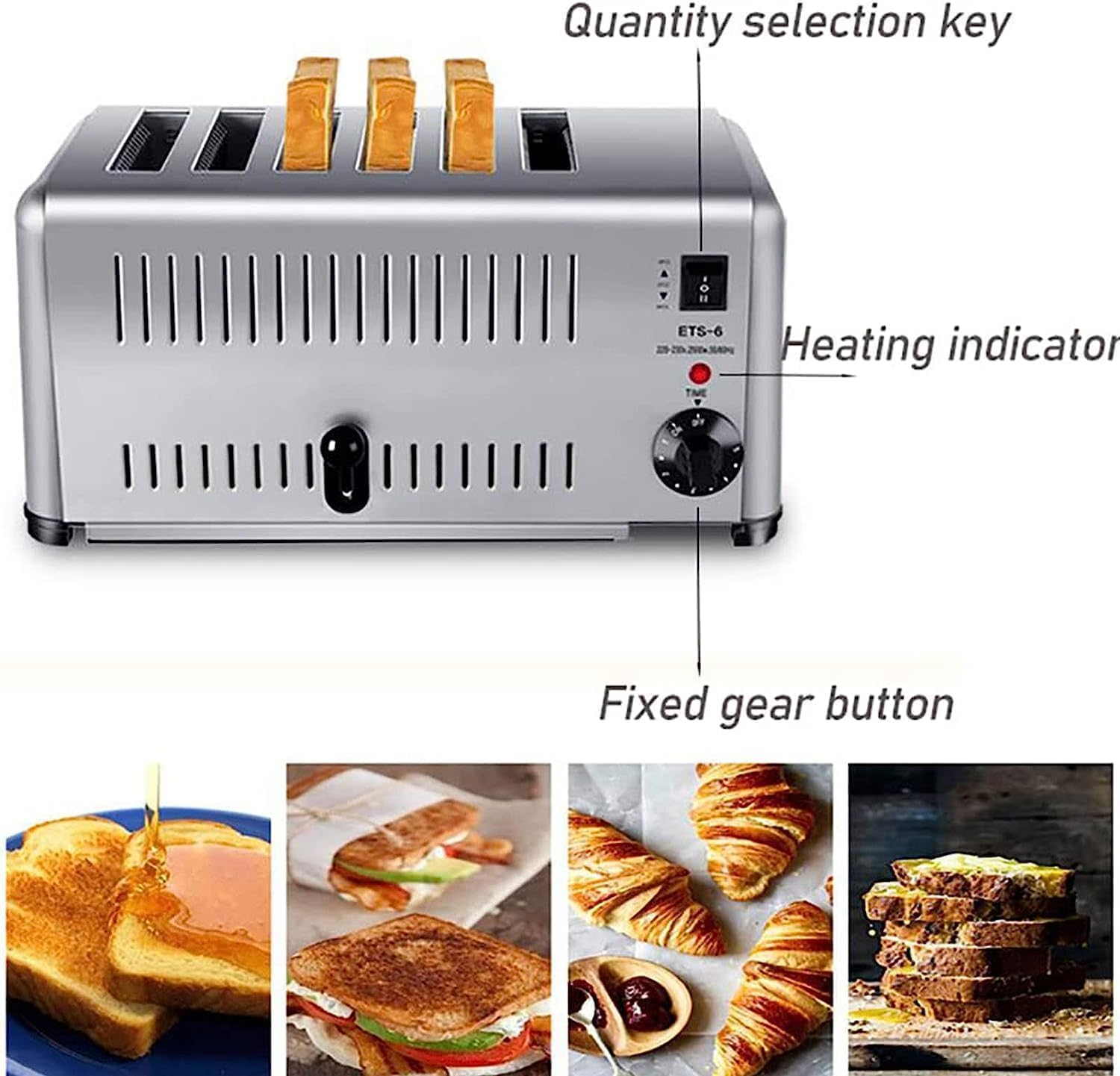 Commercial 6 Slice Toaster, Extra Wide Slots, Hand Pop-Up, Removable Crumb Tray, Five-Speed Adjustable, Hamburger Bun Toaster Stainless Steel.-1