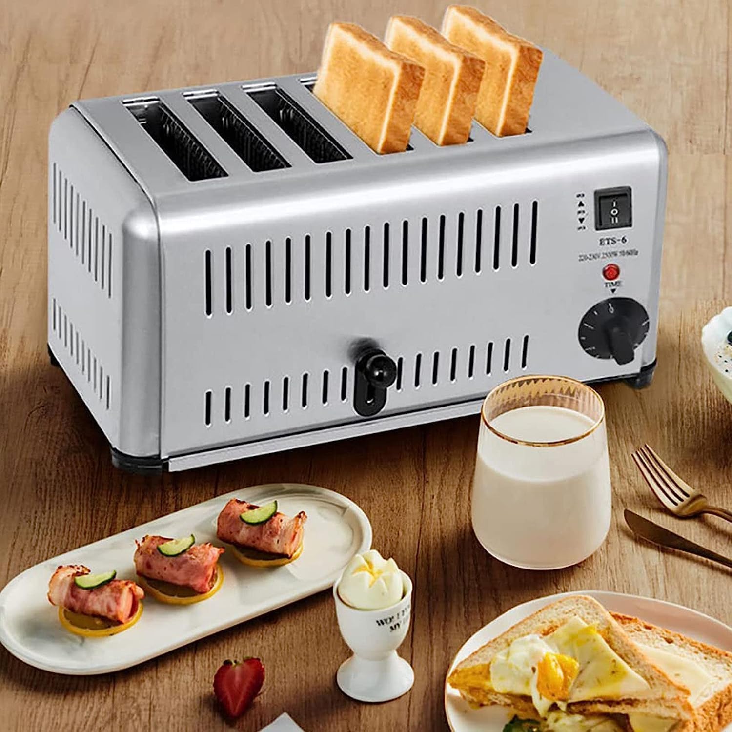 Commercial 6 Slice Toaster, Extra Wide Slots, Hand Pop-Up, Removable Crumb Tray, Five-Speed Adjustable, Hamburger Bun Toaster Stainless Steel.-2