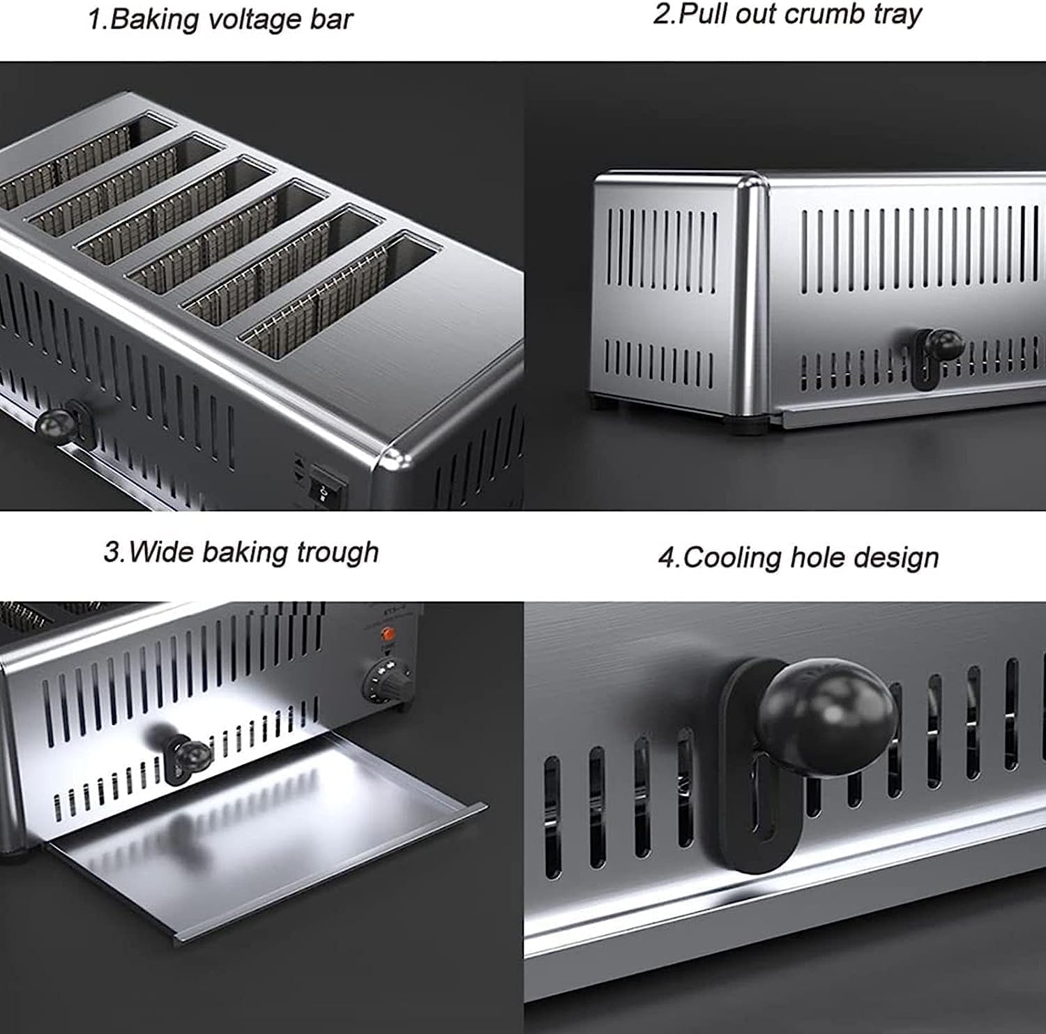 Commercial 6 Slice Toaster, Extra Wide Slots, Hand Pop-Up, Removable Crumb Tray, Five-Speed Adjustable, Hamburger Bun Toaster Stainless Steel.-3