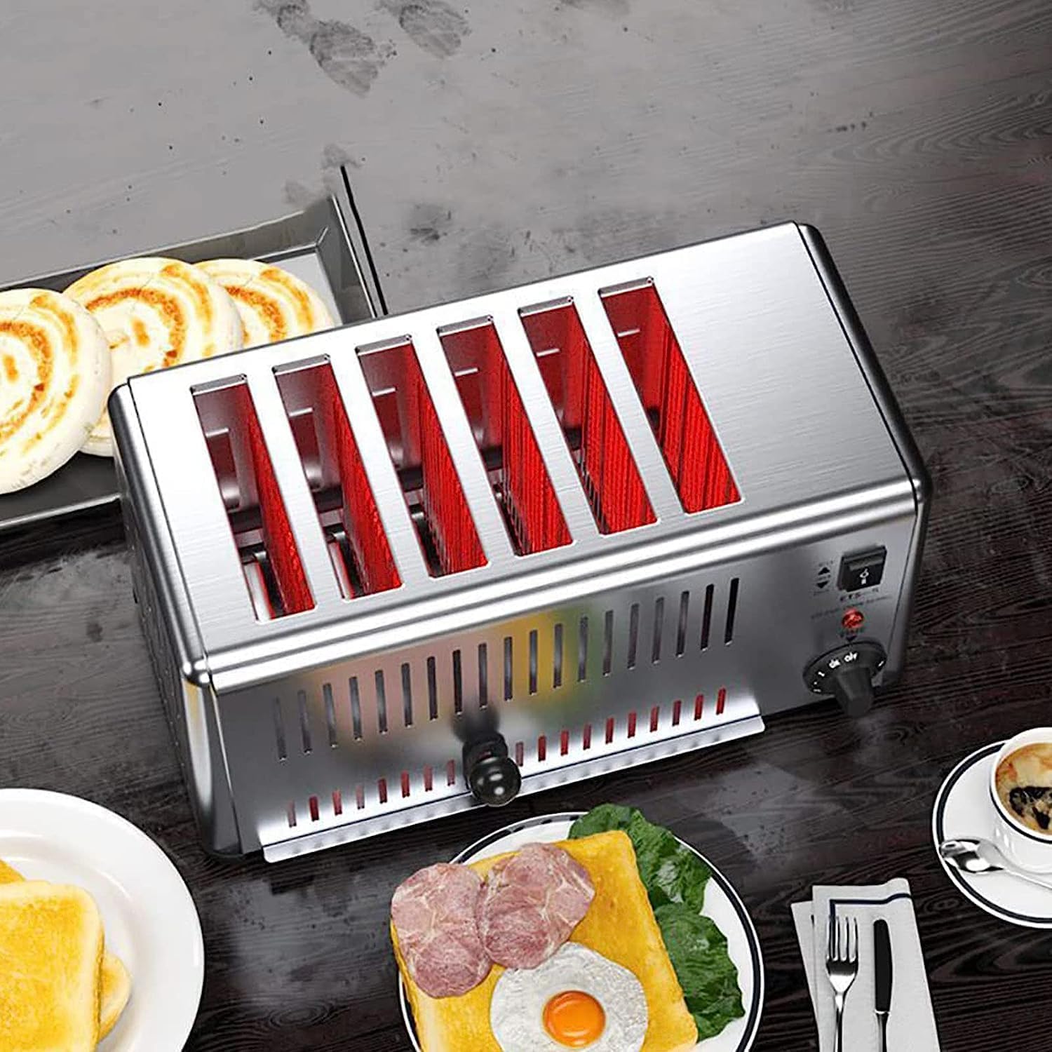 Commercial 6 Slice Toaster, Extra Wide Slots, Hand Pop-Up, Removable Crumb Tray, Five-Speed Adjustable, Hamburger Bun Toaster Stainless Steel.-4