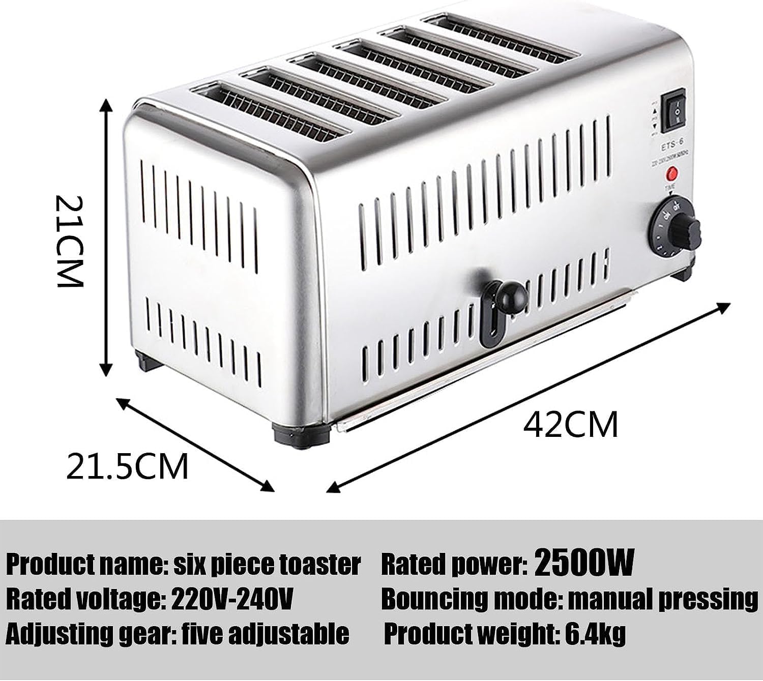 Commercial 6 Slice Toaster, Extra Wide Slots, Hand Pop-Up, Removable Crumb Tray, Five-Speed Adjustable, Hamburger Bun Toaster Stainless Steel.-5