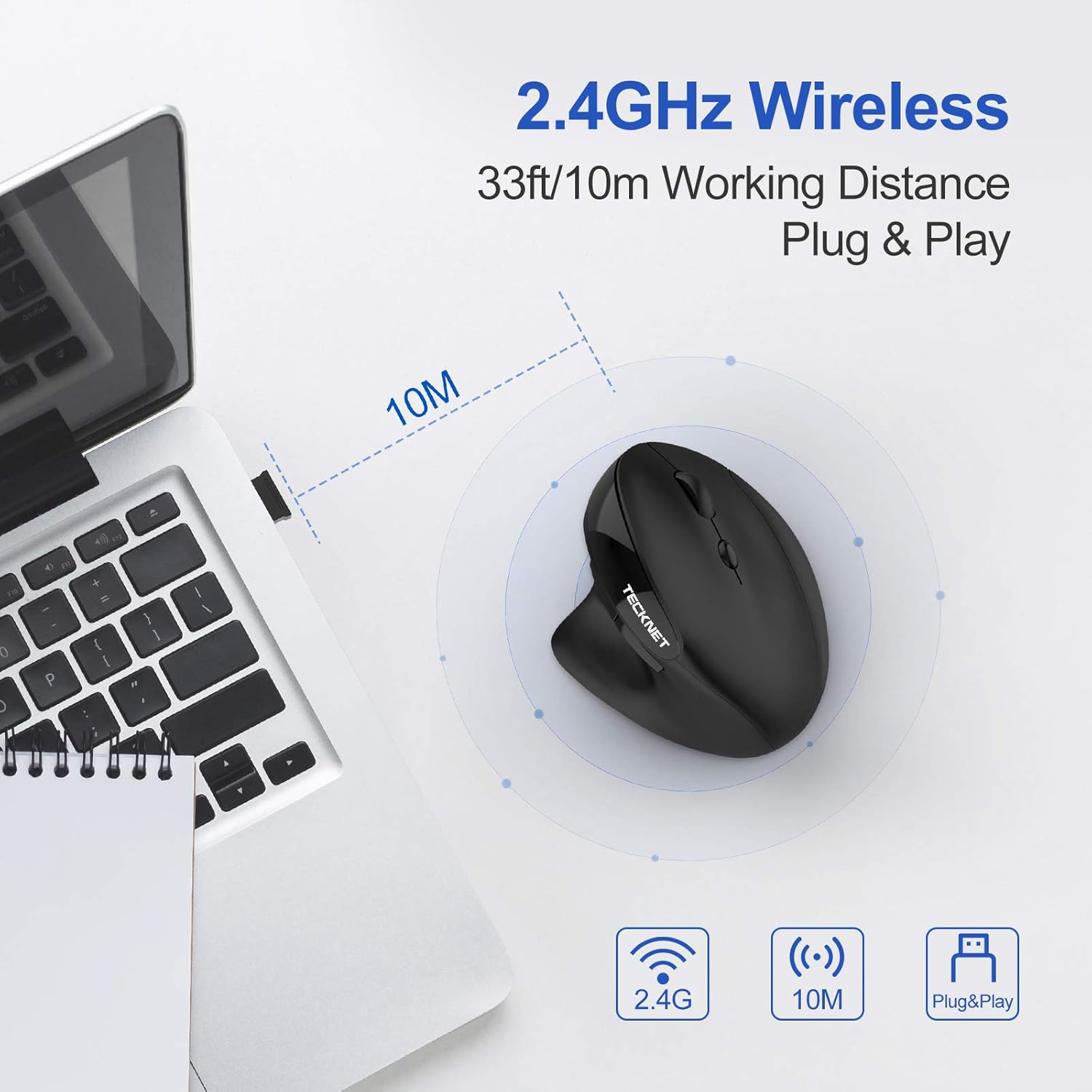 TECKNET Ergonomic Mouse, 2.4G Rechargeable Wireless Vertical Mouse with 5 Adjustable DPI, 2400DPI Cordless Computer Optical Mouse for Laptop, Computer, Mac-2