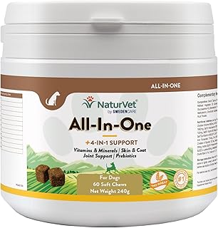 NaturVet All-in-One Dog Supplement - for Joint Support, Digestion, Skin, Coat Care – Dog Multivitamins with Minerals, Omega-3, 6, 9 – Wheat-Free Vitamins for Dogs – 60 Soft Chews