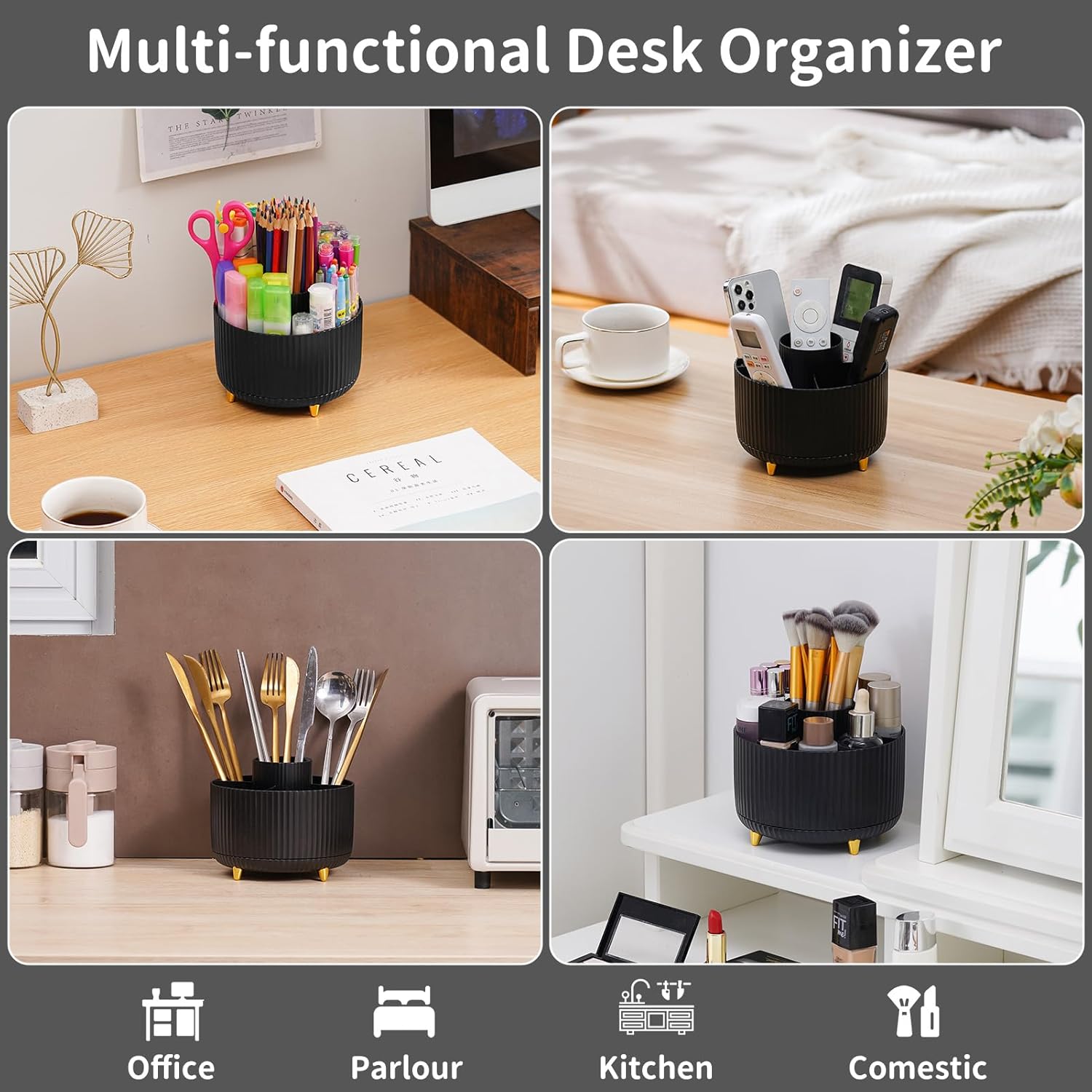 Marbrasse Desk Organiser,360-Degree Rotating Pen Holder for Desk,Desk Organisers and Accessories with 5 Compartments Pencil Organiser, Organisers Storage Box Caddy for Office,Home(Dark)-1