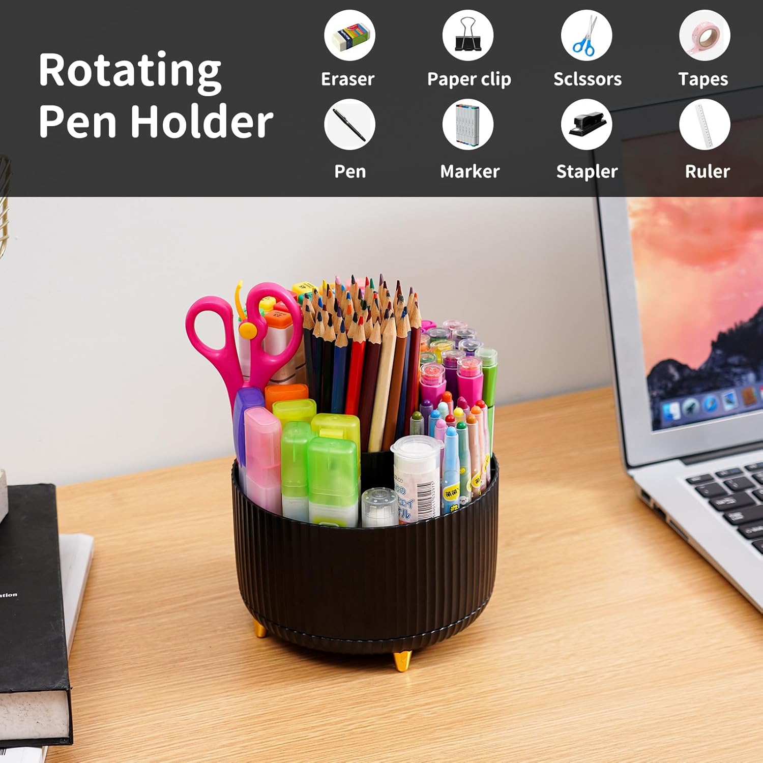 Marbrasse Desk Organiser,360-Degree Rotating Pen Holder for Desk,Desk Organisers and Accessories with 5 Compartments Pencil Organiser, Organisers Storage Box Caddy for Office,Home(Dark)-2