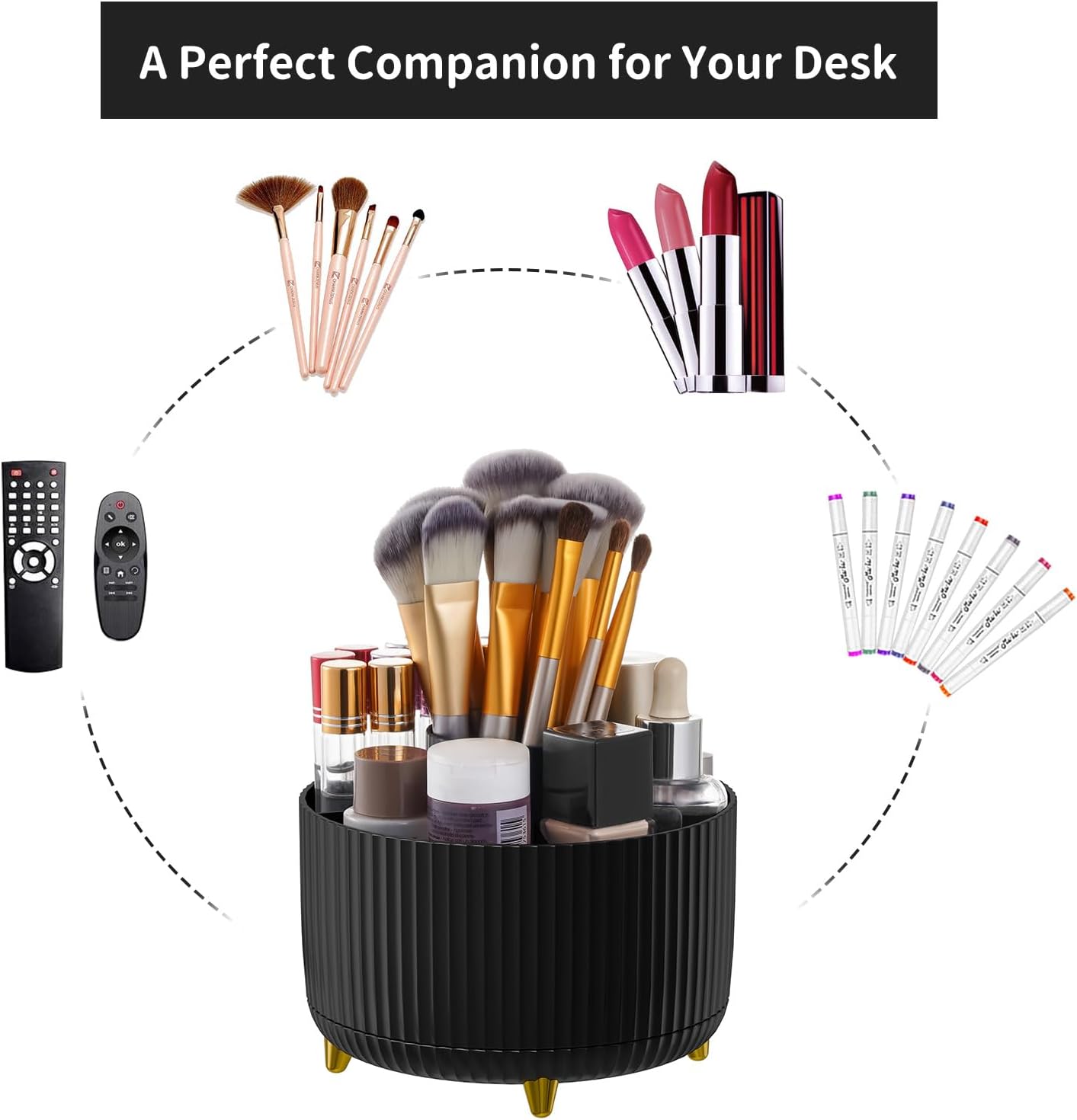 Marbrasse Desk Organiser,360-Degree Rotating Pen Holder for Desk,Desk Organisers and Accessories with 5 Compartments Pencil Organiser, Organisers Storage Box Caddy for Office,Home(Dark)-4