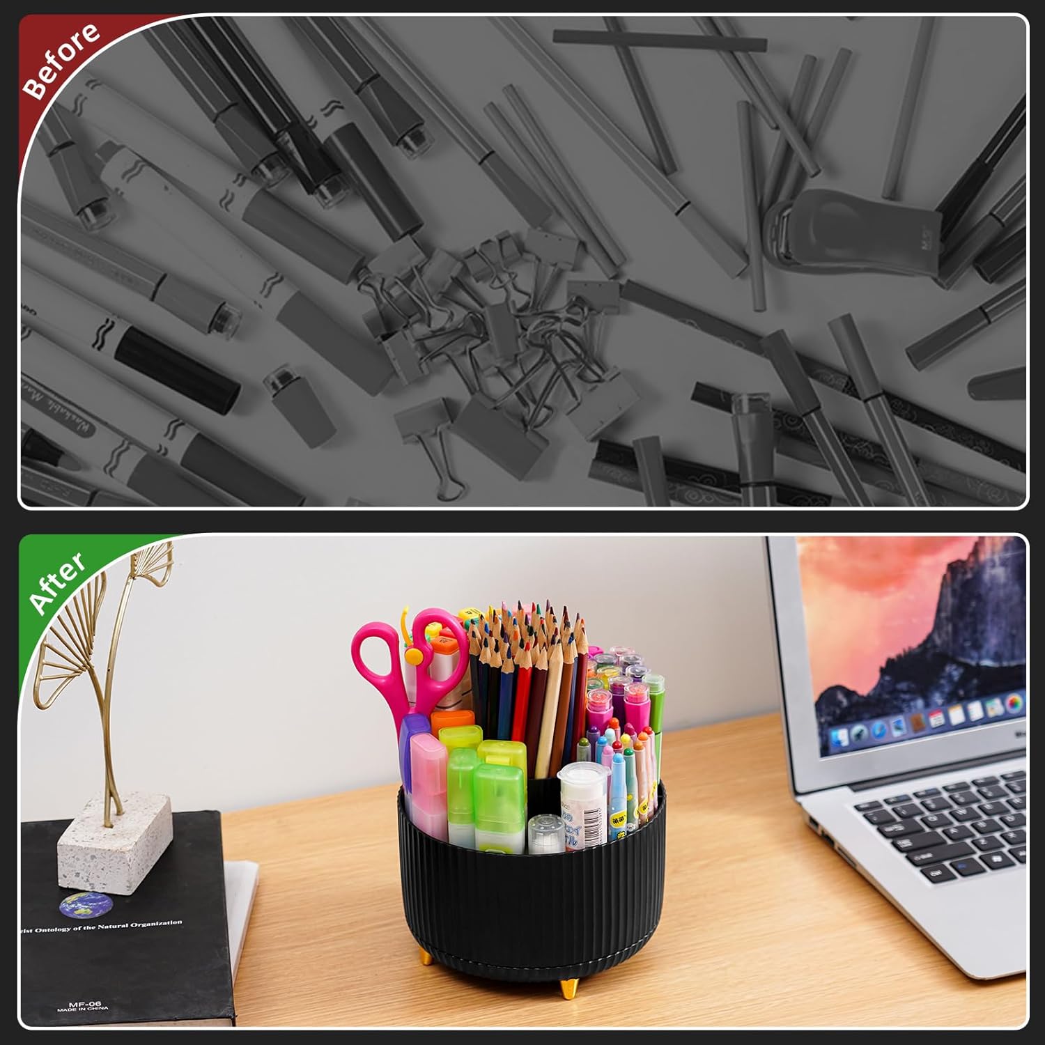 Marbrasse Desk Organiser,360-Degree Rotating Pen Holder for Desk,Desk Organisers and Accessories with 5 Compartments Pencil Organiser, Organisers Storage Box Caddy for Office,Home(Dark)-5