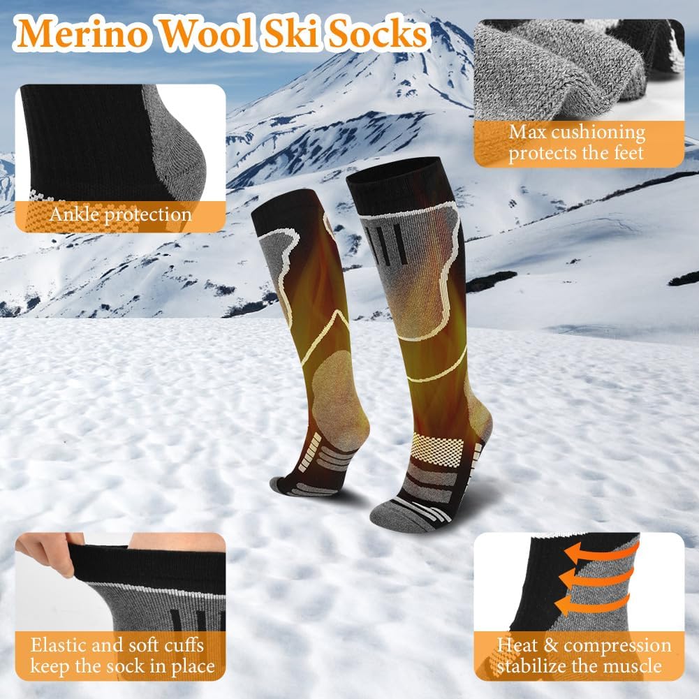 flintronic 2 Pairs Ski Socks, Merino Wool Ski Socks, Thermal Ski Socks, Breathable Knee High Compression Socks for Cold Weather, Hiking, Hunting, Snowboarding-2