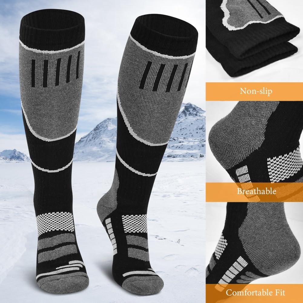 flintronic 2 Pairs Ski Socks, Merino Wool Ski Socks, Thermal Ski Socks, Breathable Knee High Compression Socks for Cold Weather, Hiking, Hunting, Snowboarding-3