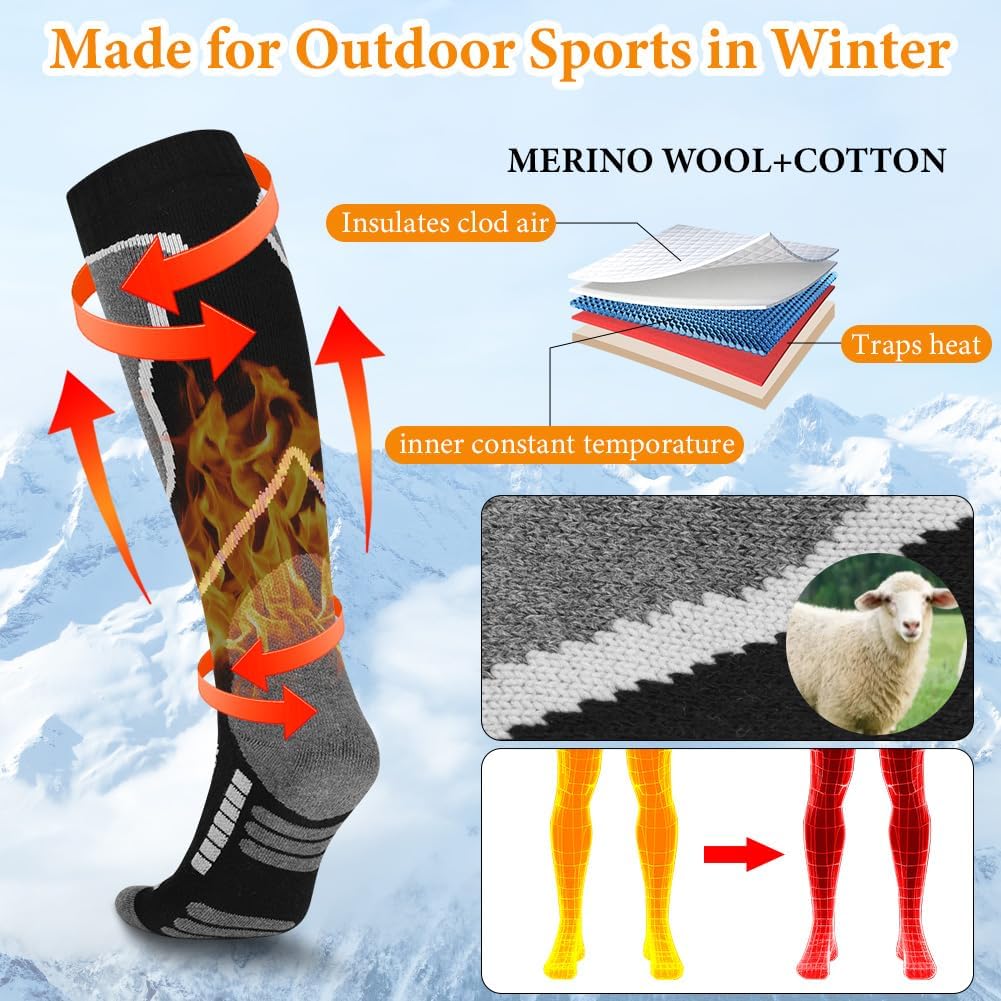 flintronic 2 Pairs Ski Socks, Merino Wool Ski Socks, Thermal Ski Socks, Breathable Knee High Compression Socks for Cold Weather, Hiking, Hunting, Snowboarding-4