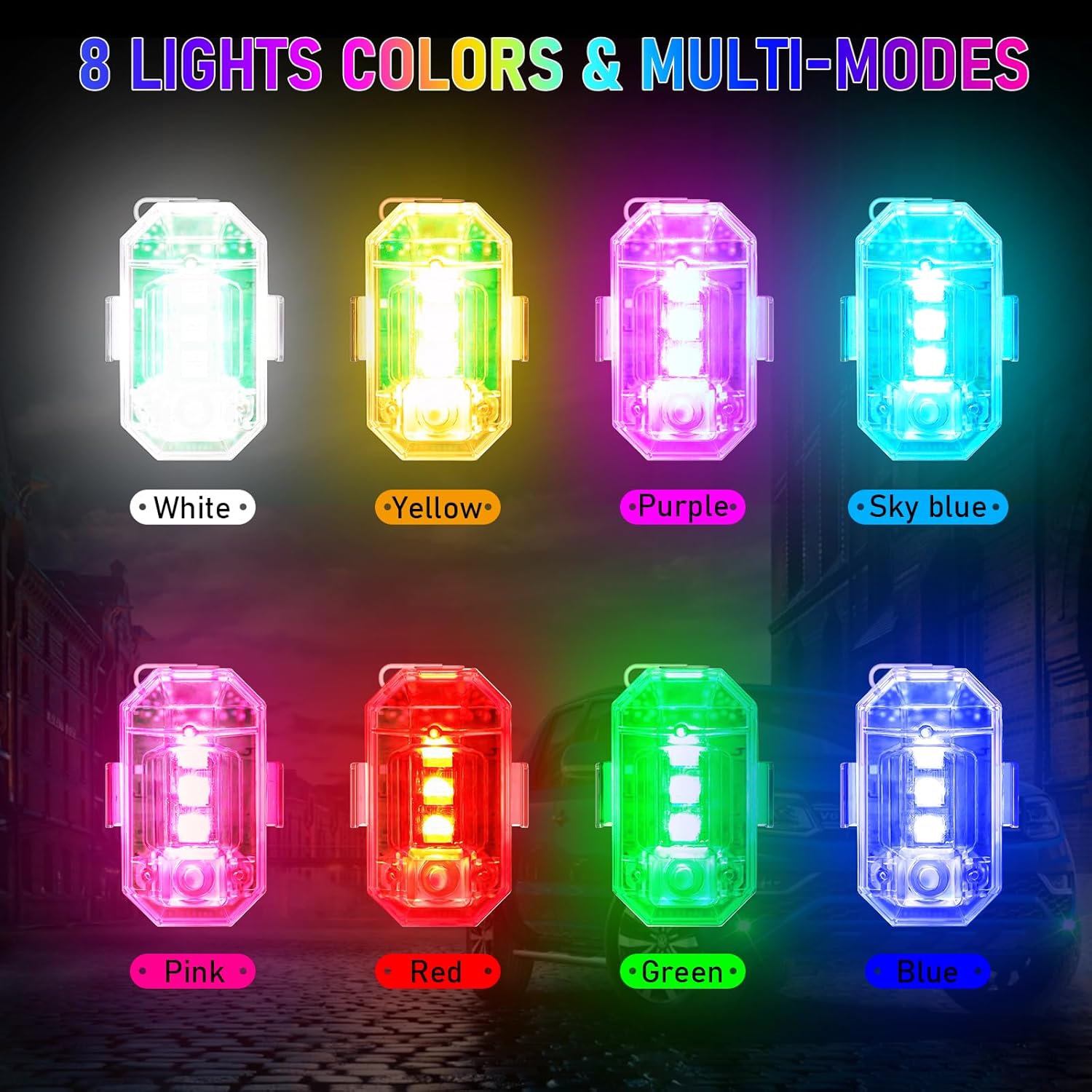 4PCS Wireless LED Strobe Lights with Remote Control, 8 Colors USB Rechargeable Waterproof Anti-Collision Emergency Warning Light, High Brightness Flashing Lights for Car Drone Truck Motorcycle Bike-2