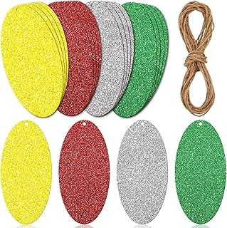 Zonon 32 Pieces Glitter Gift Tags for Christmas, Price Tags with Strings, Multicolored Christmas Tags, Xmas Present Tags, Craft Tags for Birthday Holiday Party (Gold, Silver, Red, Green,Oval)