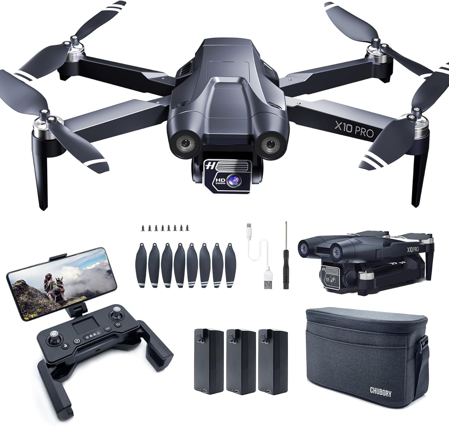 CHUBORY X10 PRO GPS Drone with Camera for Adults 4K UHD, 90 Min Long Flight Time,3280 FT Long Control Range, Auto Return, Follow Me, Brushless Motor Frequency: 2405–2475mhz Output Power: 2mW-0