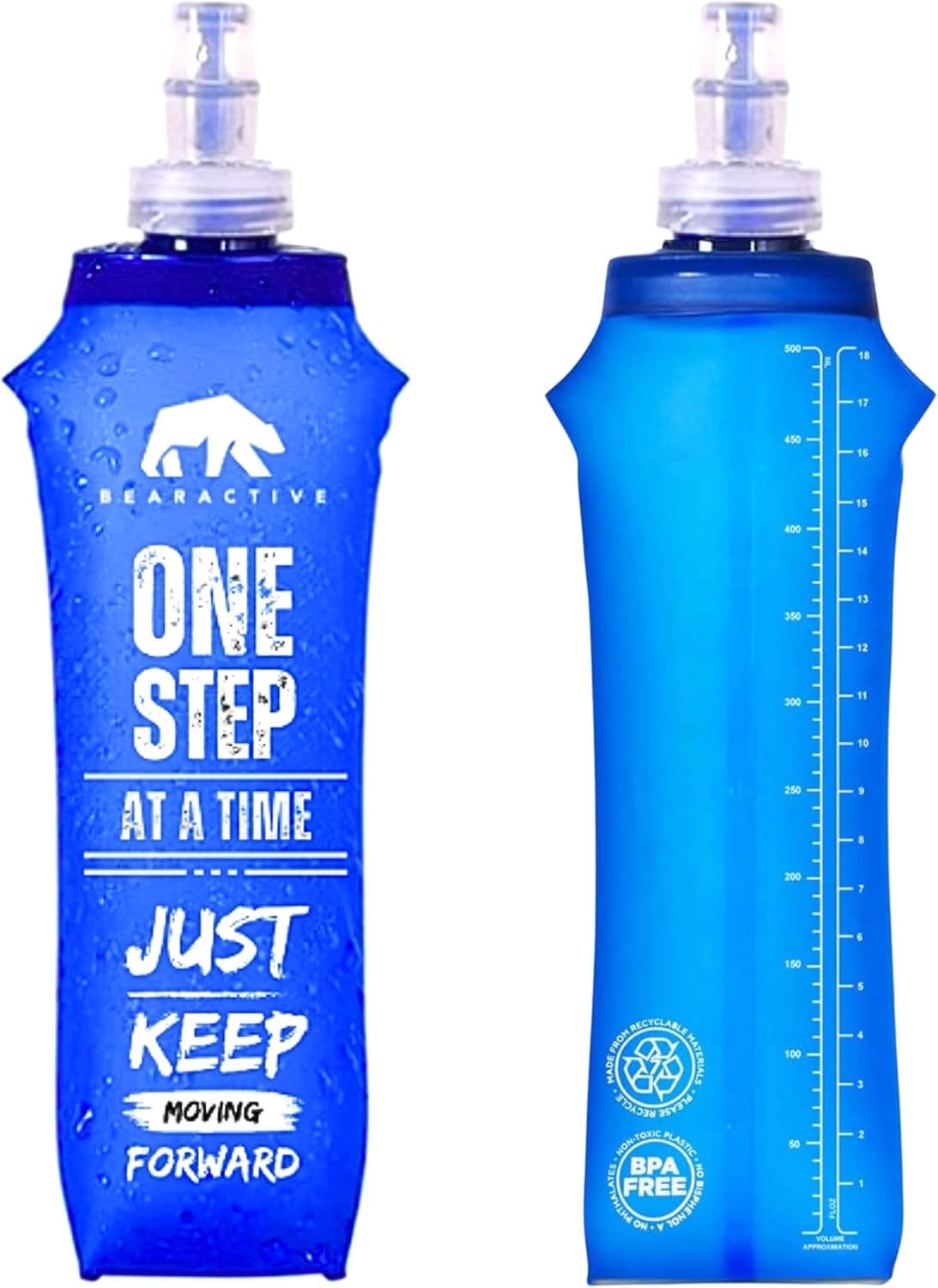 Bearactive Lightweight Running Water Bottle Soft Flask 500ml - TPU BPA Free Plastic, Leak Proof Foldable Water Bottle, Collapsible Water Bottle for Running Vests & Belts (Style 1-1pc 500ml, Blue)-0