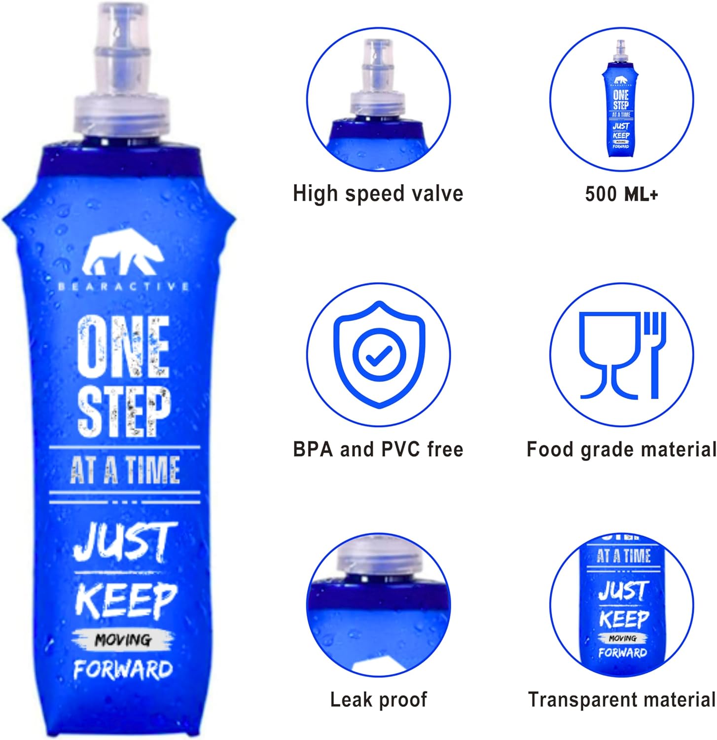 Bearactive Lightweight Running Water Bottle Soft Flask 500ml - TPU BPA Free Plastic, Leak Proof Foldable Water Bottle, Collapsible Water Bottle for Running Vests & Belts (Style 1-1pc 500ml, Blue)-1