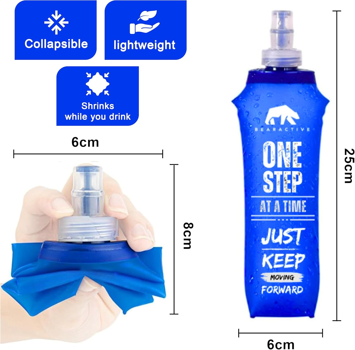 Bearactive Lightweight Running Water Bottle Soft Flask 500ml - TPU BPA Free Plastic, Leak Proof Foldable Water Bottle, Collapsible Water Bottle for Running Vests & Belts (Style 1-1pc 500ml, Blue)-2