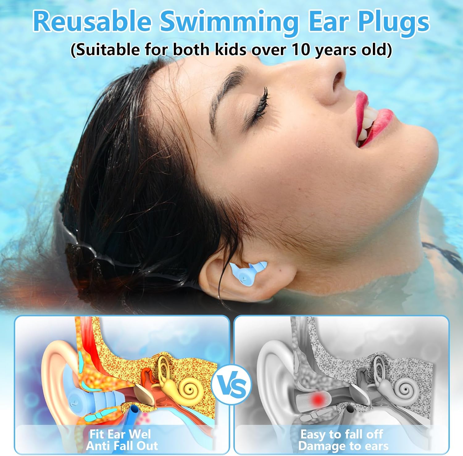 LUCKNIGHT 4 Pairs Ear Plugs Swimming Adult, Waterproof Silicone Earplugs, Reusable Soft Swim Ear Plugs, Swimmers Ear Plug for Bathing Surfing Kayaking Diving-5