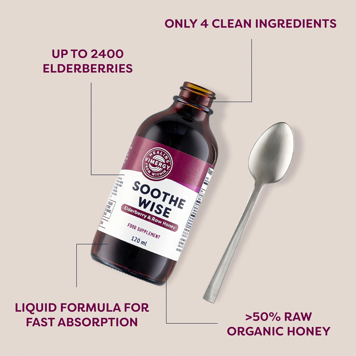 Vimergy Soothe Wise – Fast-Absorbing Elderberry Syrup and Raw, Organic Honey– Kosher (120 mL)-2